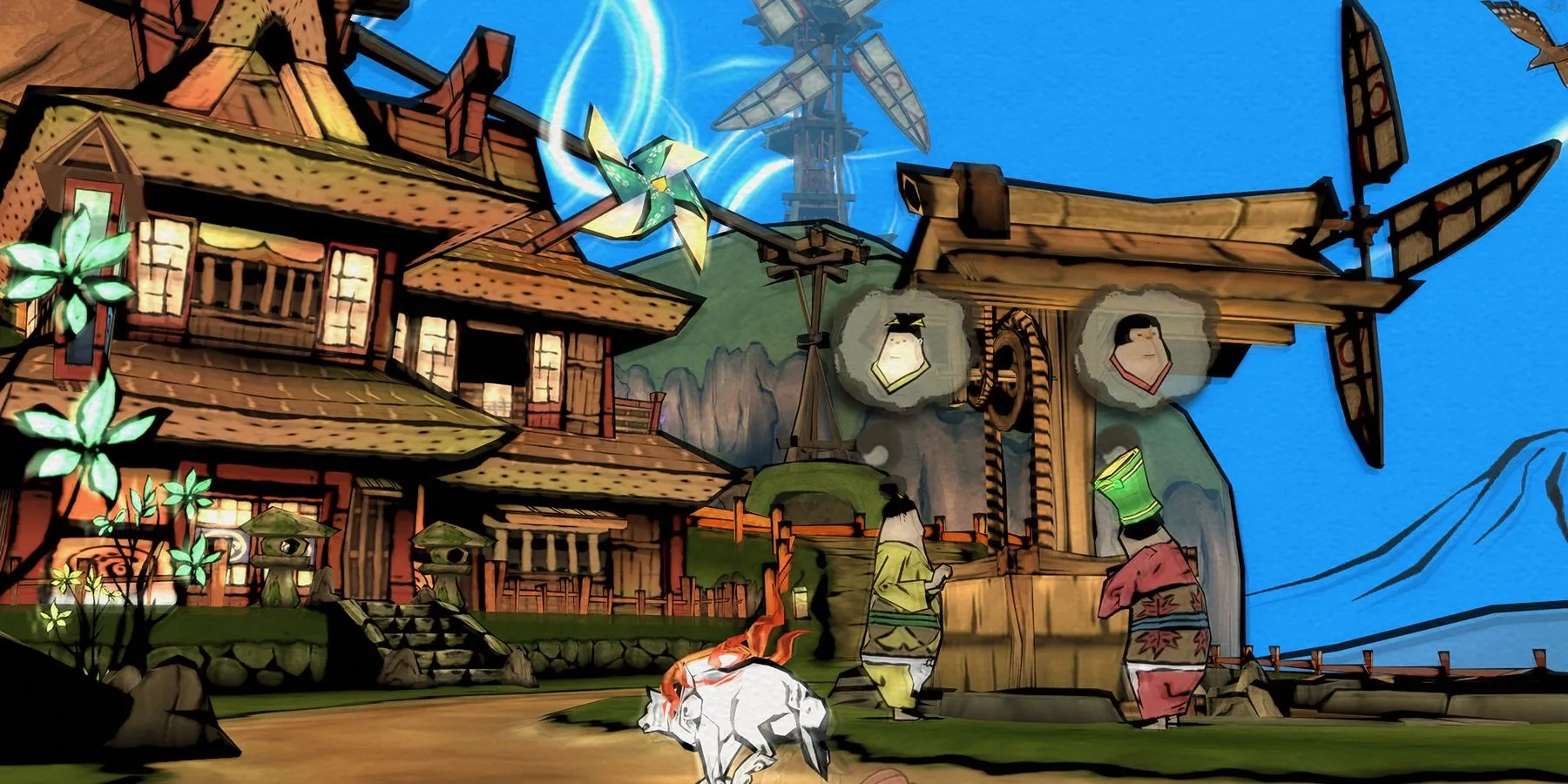Amaterasu, thần mặt trời trong hình dạng chó sói, khám phá thế giới phong phú của Okami với cây cối xanh tươi