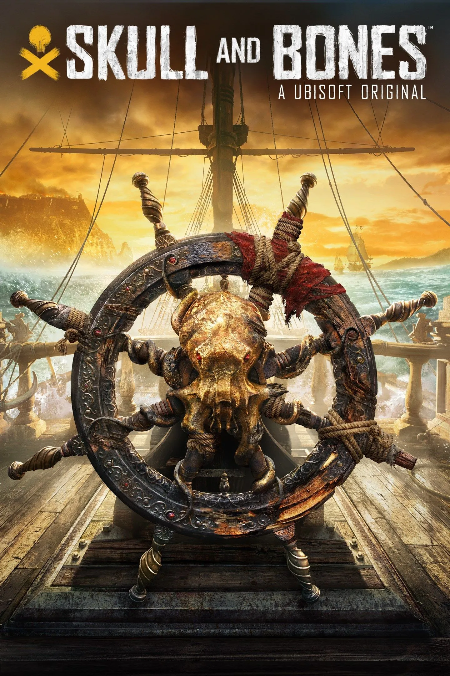 Ảnh bìa chính thức của game Skull &amp; Bones, thể hiện phong cách cướp biển và chiến đấu trên biển