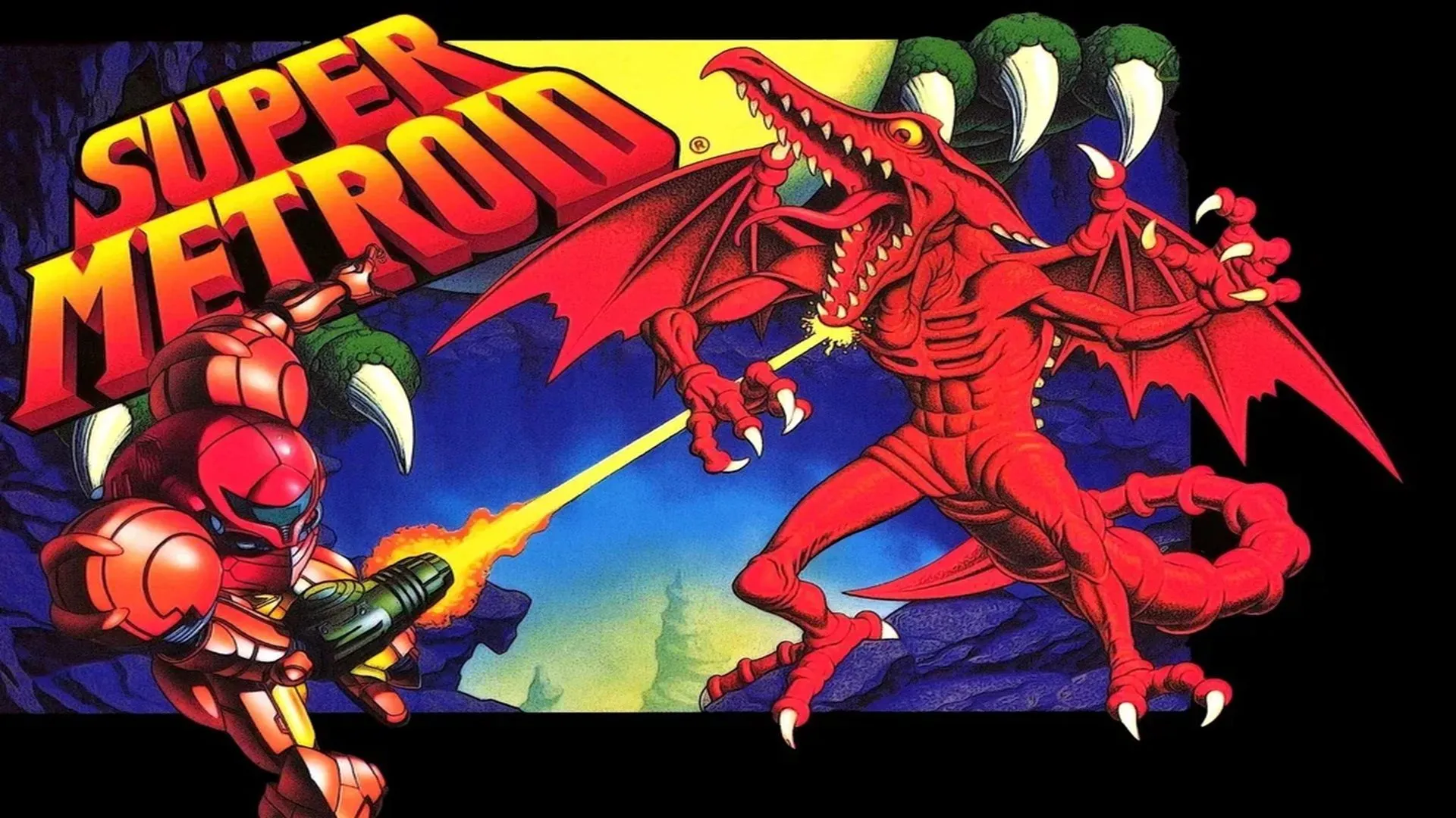 Ảnh bìa sạch sẽ của game Super Metroid trên hệ máy Super Nintendo, với Samus Aran trong bộ Power Suit đầy uy lực.