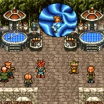 Ảnh chụp màn hình game Chrono Trigger với các nhân vật đứng cạnh cánh cổng thời gian hình xoáy nước màu xanh