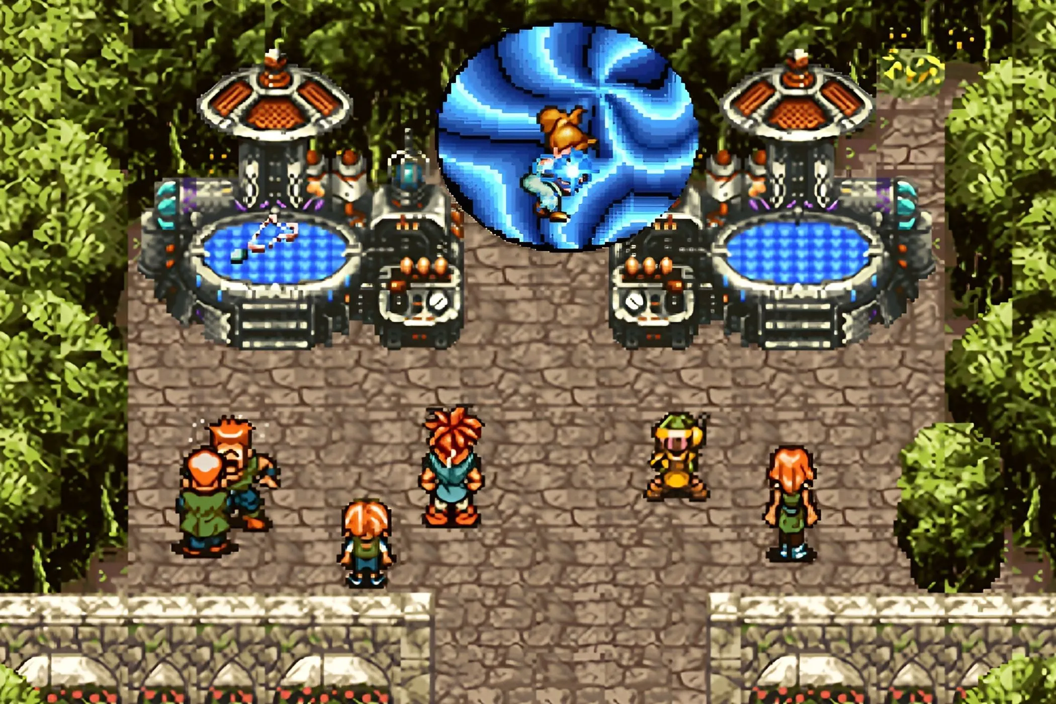 Ảnh chụp màn hình game Chrono Trigger với các nhân vật đứng cạnh cánh cổng thời gian hình xoáy nước màu xanh