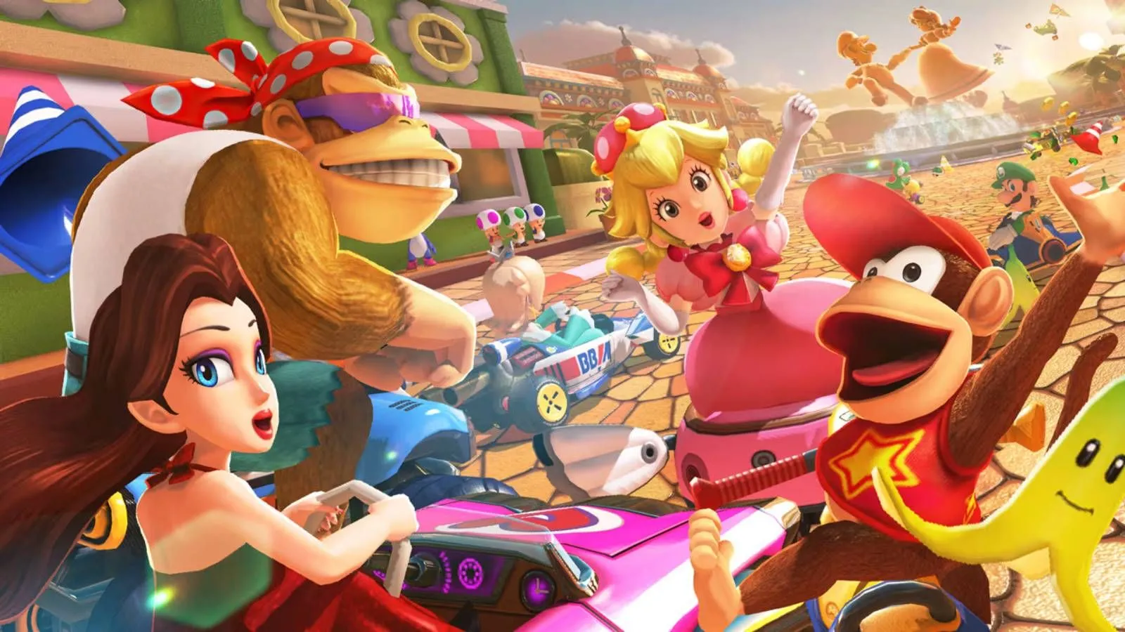 Ảnh chụp màn hình game Mario Kart World với các tay đua Nintendo trên đường đua