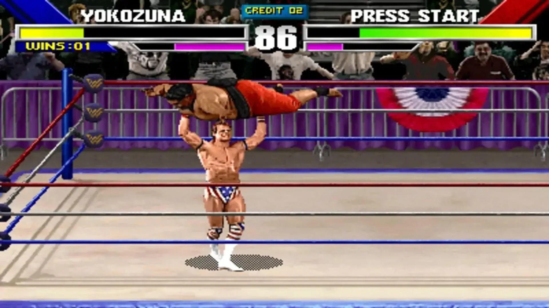 Ảnh chụp màn hình gameplay của tựa game đối kháng WWF WrestleMania: The Arcade Game với các đòn đánh siêu thực