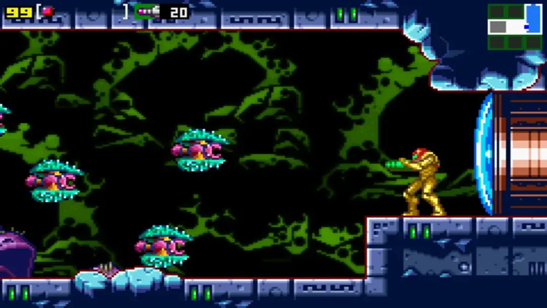 Ảnh chụp màn hình gameplay Metroid: Zero Mission trên Game Boy Advance, thể hiện đồ họa cải tiến và Samus Aran trong bộ Power Suit sẵn sàng chiến đấu.