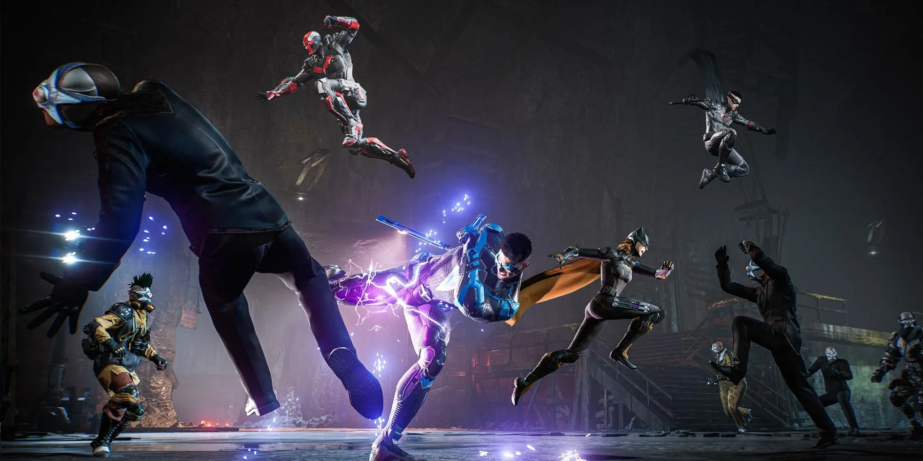 Ảnh chụp màn hình lối chơi co-op trong Gotham Knights với các thành viên Bat-family chiến đấu.