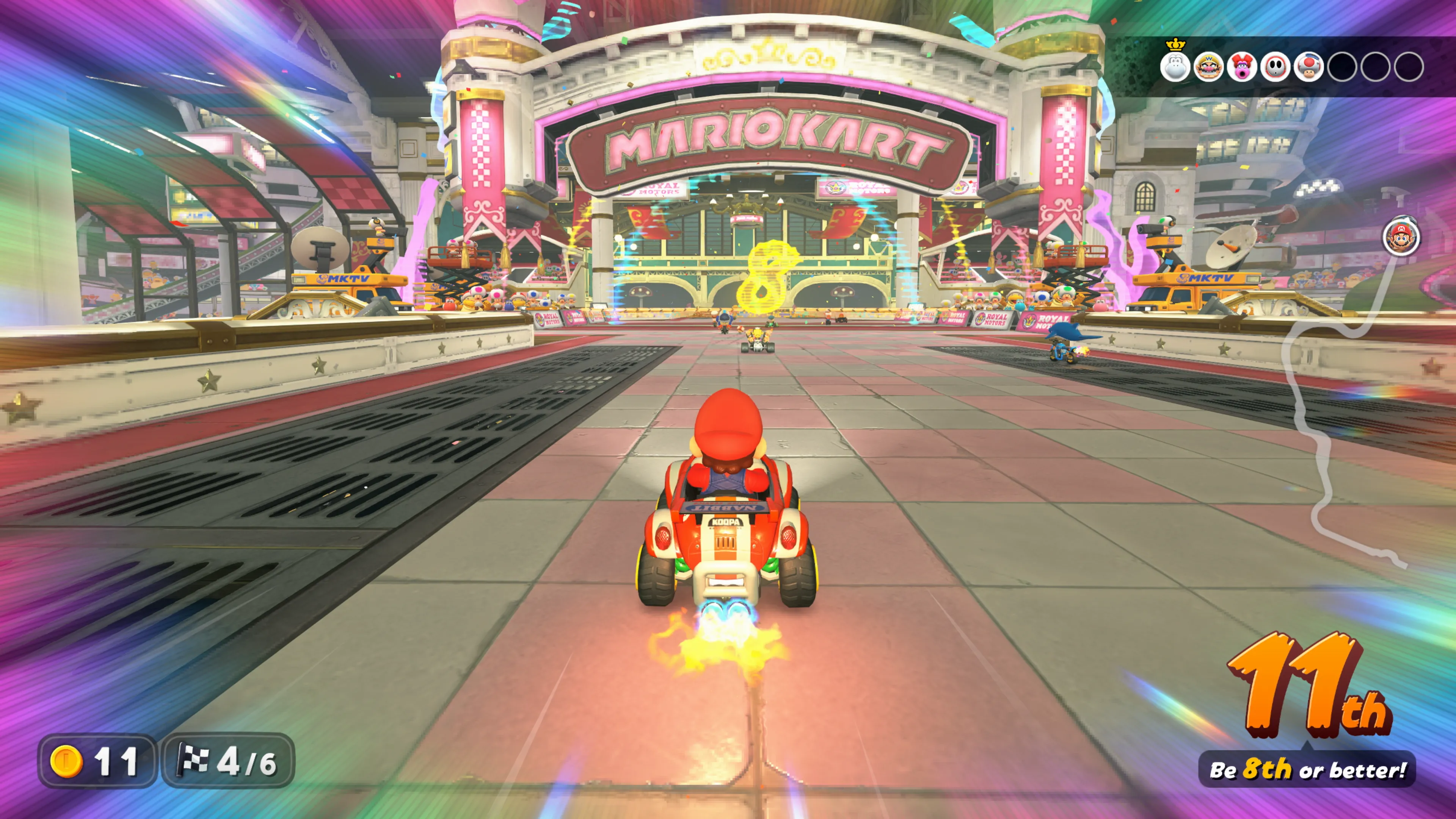Ảnh chụp màn hình lối chơi Mario Kart World trên console Nintendo Switch 2, cho thấy chi tiết đồ họa và không gian đường đua trong game