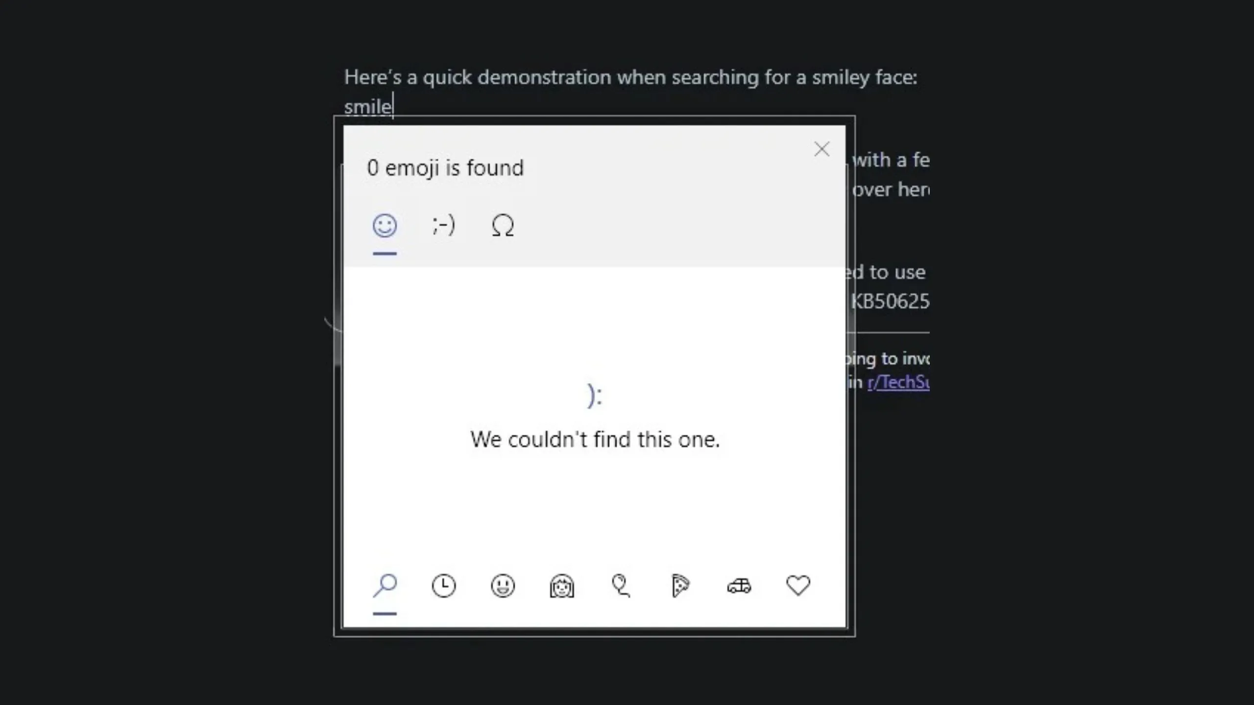 Ảnh lỗi tìm kiếm emoji Windows 10 sau cập nhật KB5062554 hiển thị thông báo "We couldn't find this one." khi nhập từ "smile"