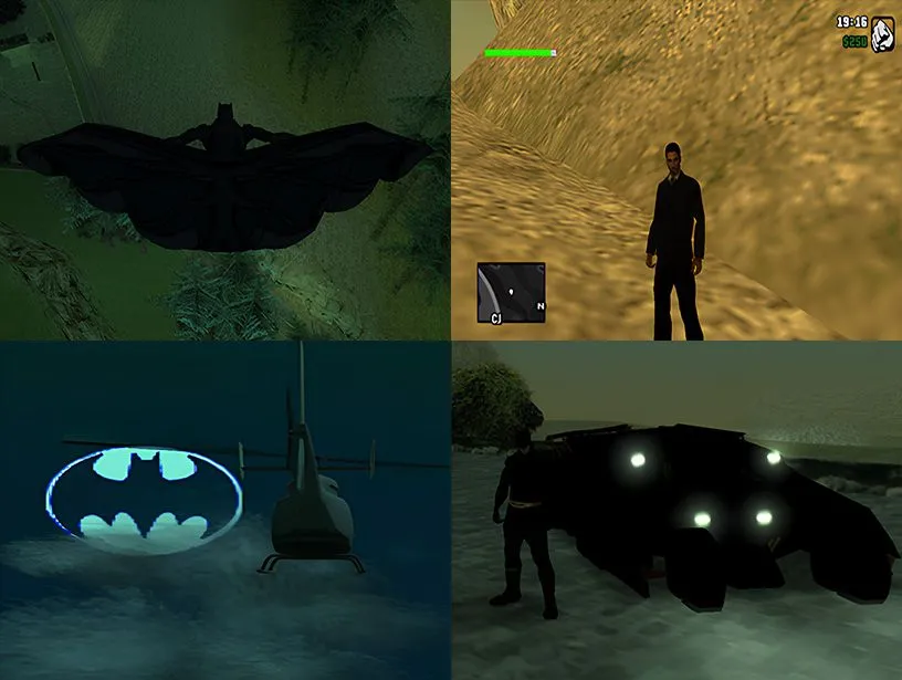 Ảnh tổng hợp các cảnh gameplay từ bản mod Batman Dark Knight trên GTA San Andreas PS2