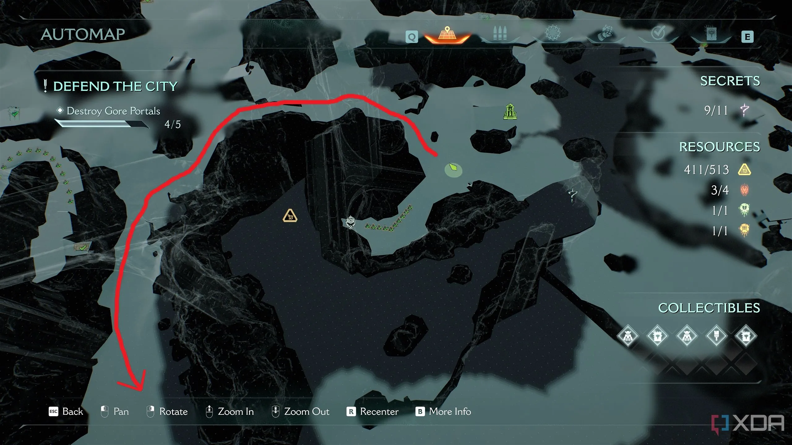 Bản đồ 3D hiển thị hướng đi từ khu vực xúc tu đến cổng máu đầu tiên trong Doom The Dark Ages Chapter 6
