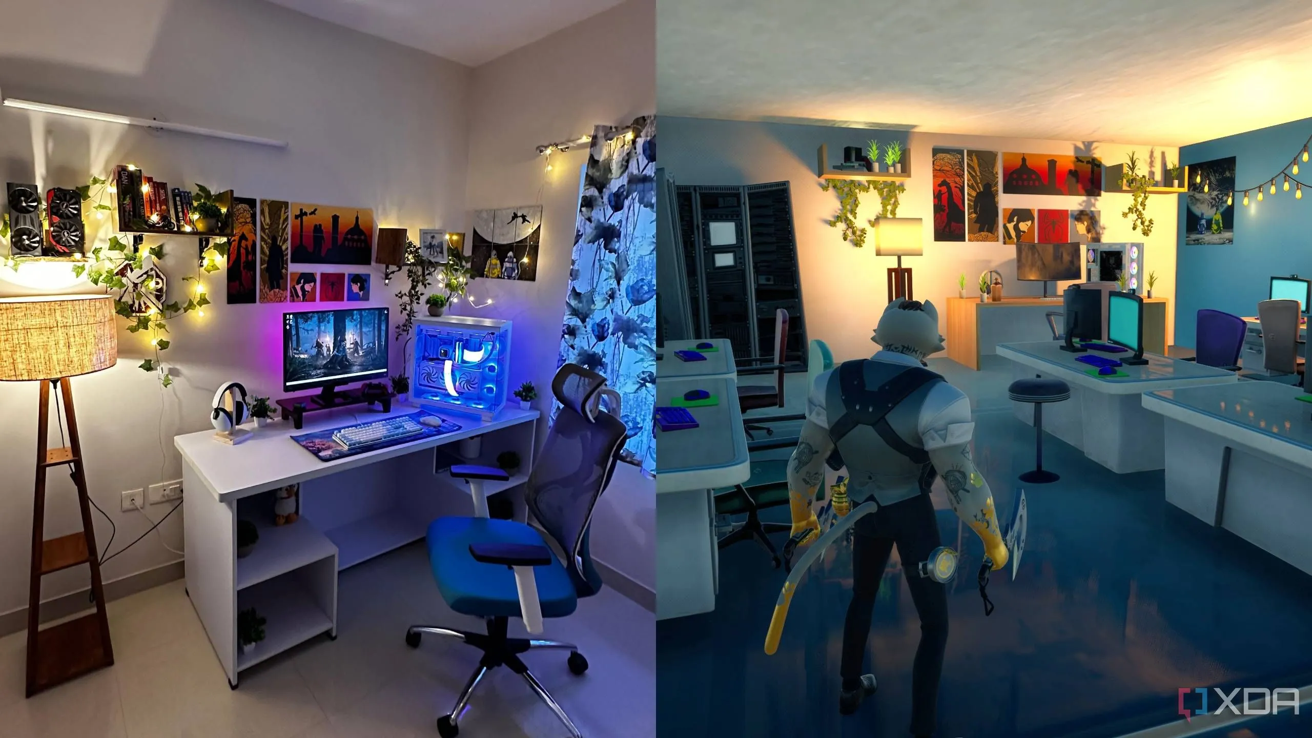 Bàn làm việc PC của tác giả được tái tạo chi tiết trong phòng máy tính của bản đồ Fortnite