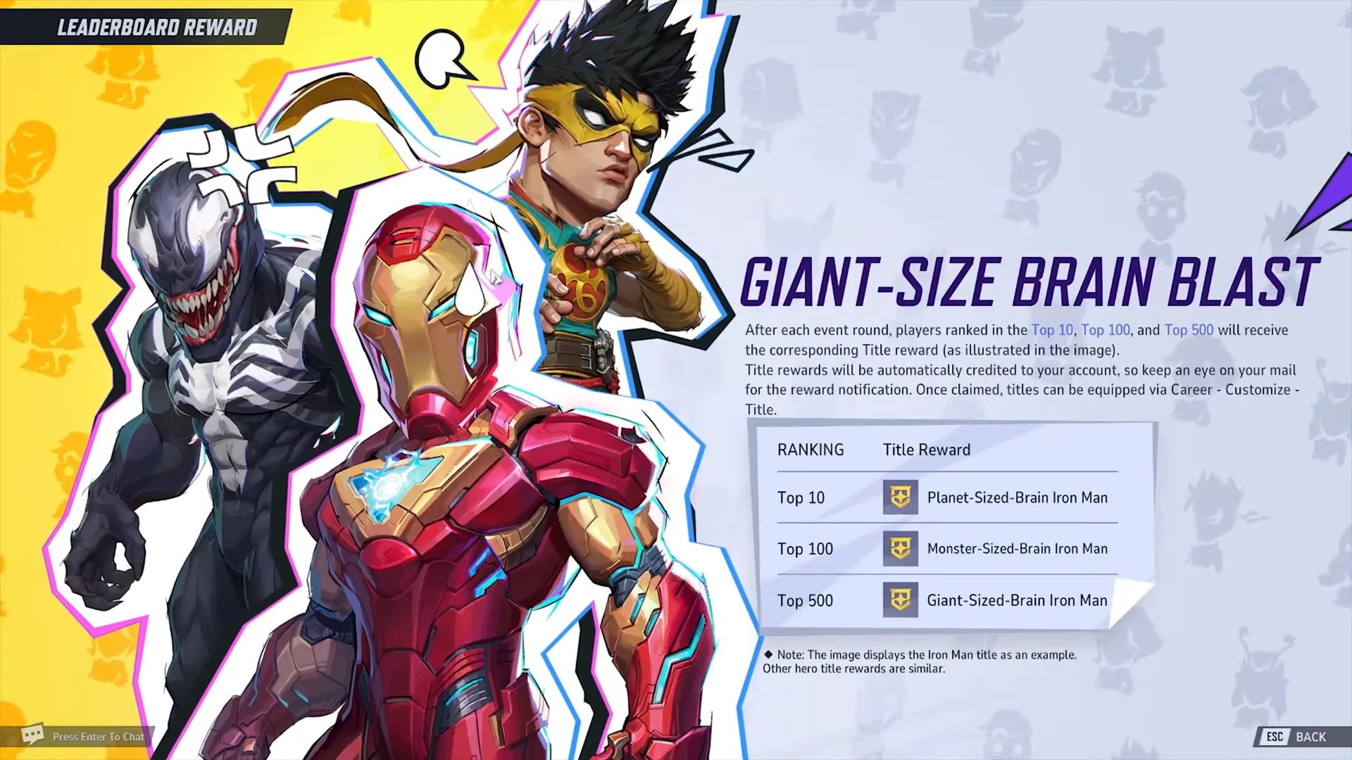 Bảng xếp hạng sự kiện Giant-Size Brain Blast trong Marvel Rivals hiển thị danh hiệu