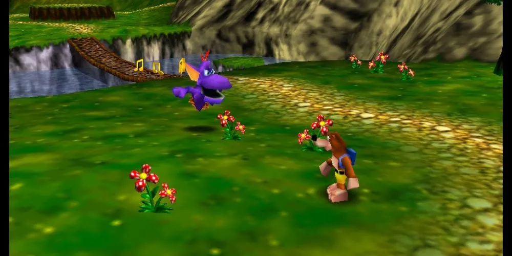 Banjo và Kazooie đứng giữa khung cảnh đầy màu sắc, gợi nhớ không khí phiêu lưu của game platformer cổ điển.