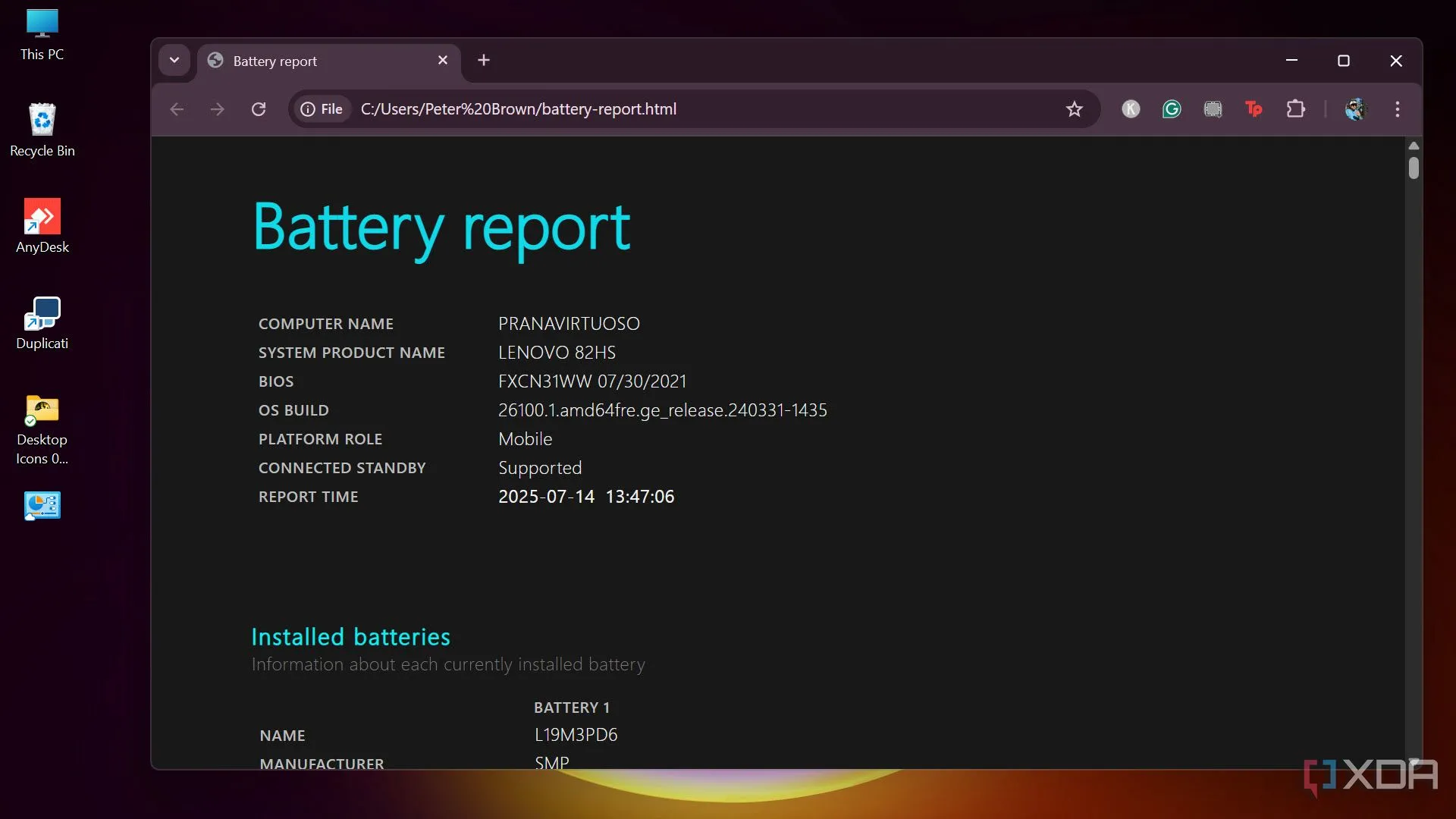 Báo cáo tình trạng pin (Battery Report) được tạo bởi công cụ Powercfg, hiển thị chi tiết về dung lượng và hiệu suất pin laptop.