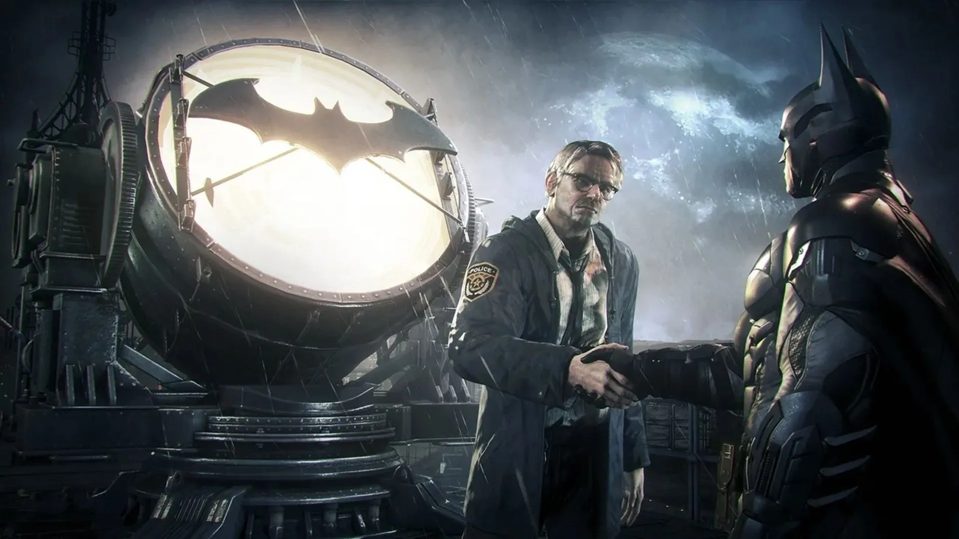 Batman đang lượn qua bầu trời đêm u ám của Gotham, với kiến trúc Gothic đặc trưng, minh họa đồ họa ấn tượng và không khí của game Batman Arkham Knight.