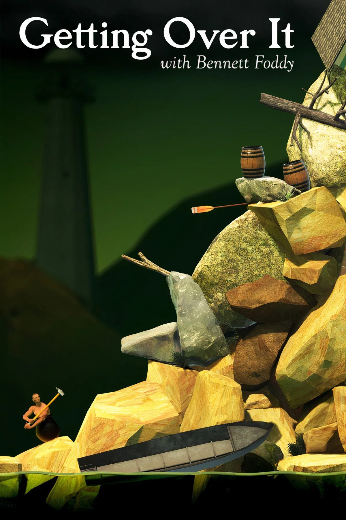 Bennett Foddy trong chiếc vạc đang cố gắng leo núi bằng búa trong game Getting Over It
