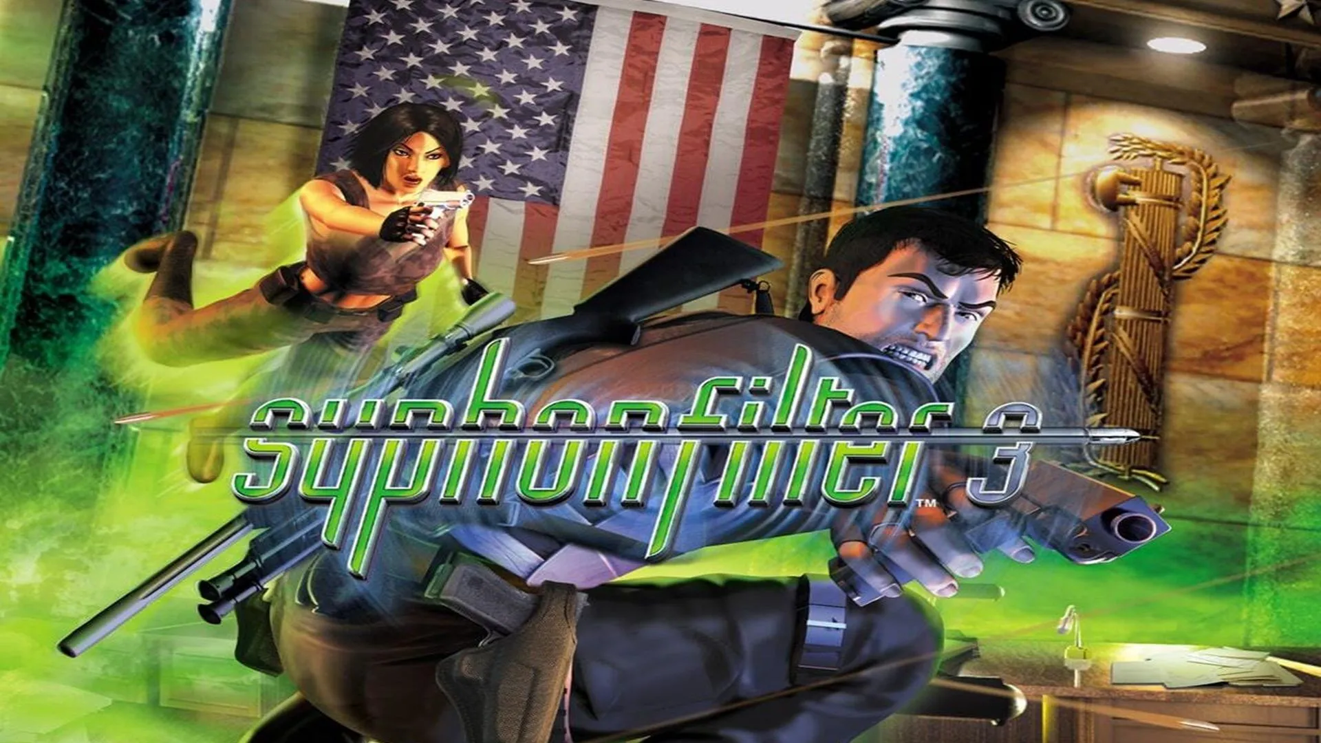Bìa đĩa gốc của Syphon Filter 3 trên PS1 trước khi bị thay đổi sau sự kiện 9/11