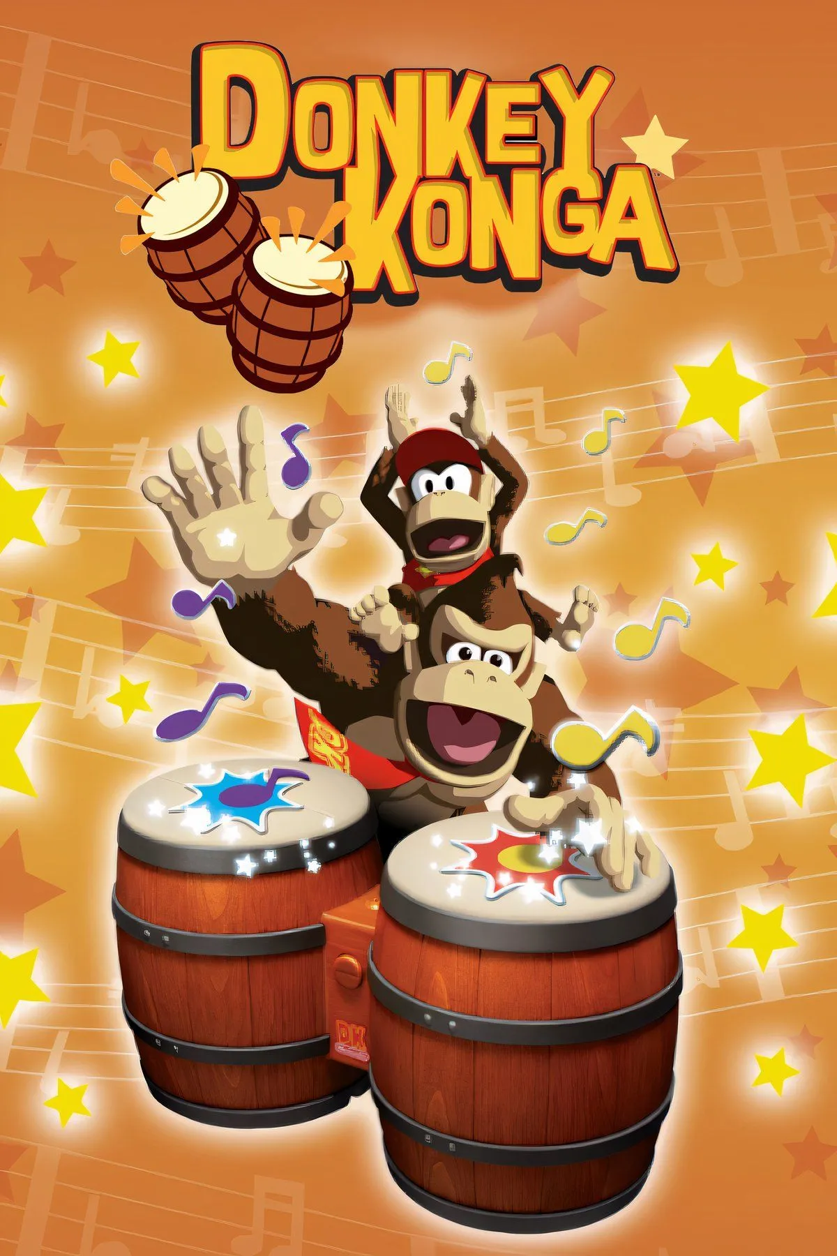 Bìa game Donkey Konga thể hiện bộ điều khiển DK Bongo độc đáo, với hai chiếc trống và biểu tượng Donkey Kong.