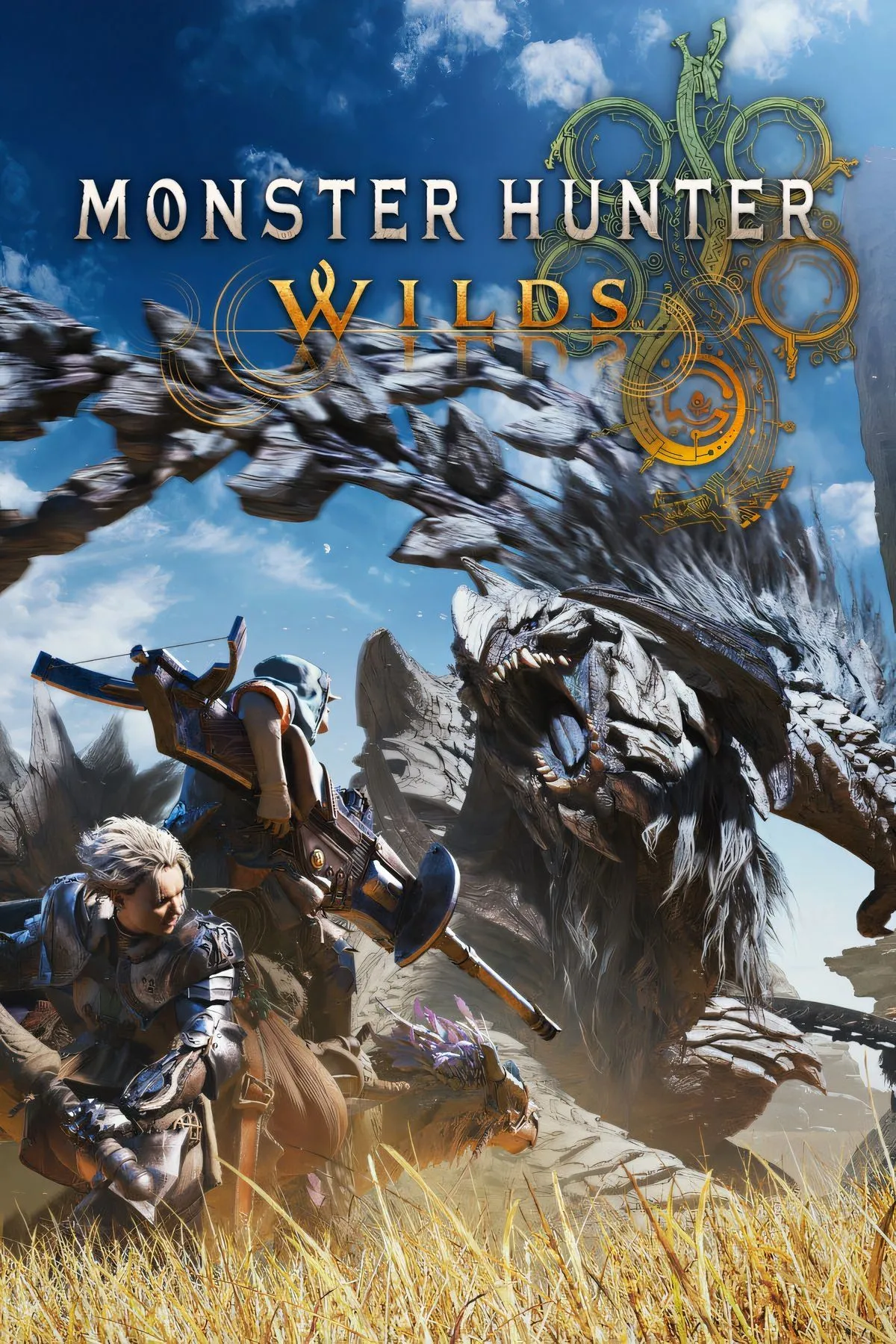 Bìa game Monster Hunter Wilds với hình ảnh thợ săn và sinh vật bí ẩn