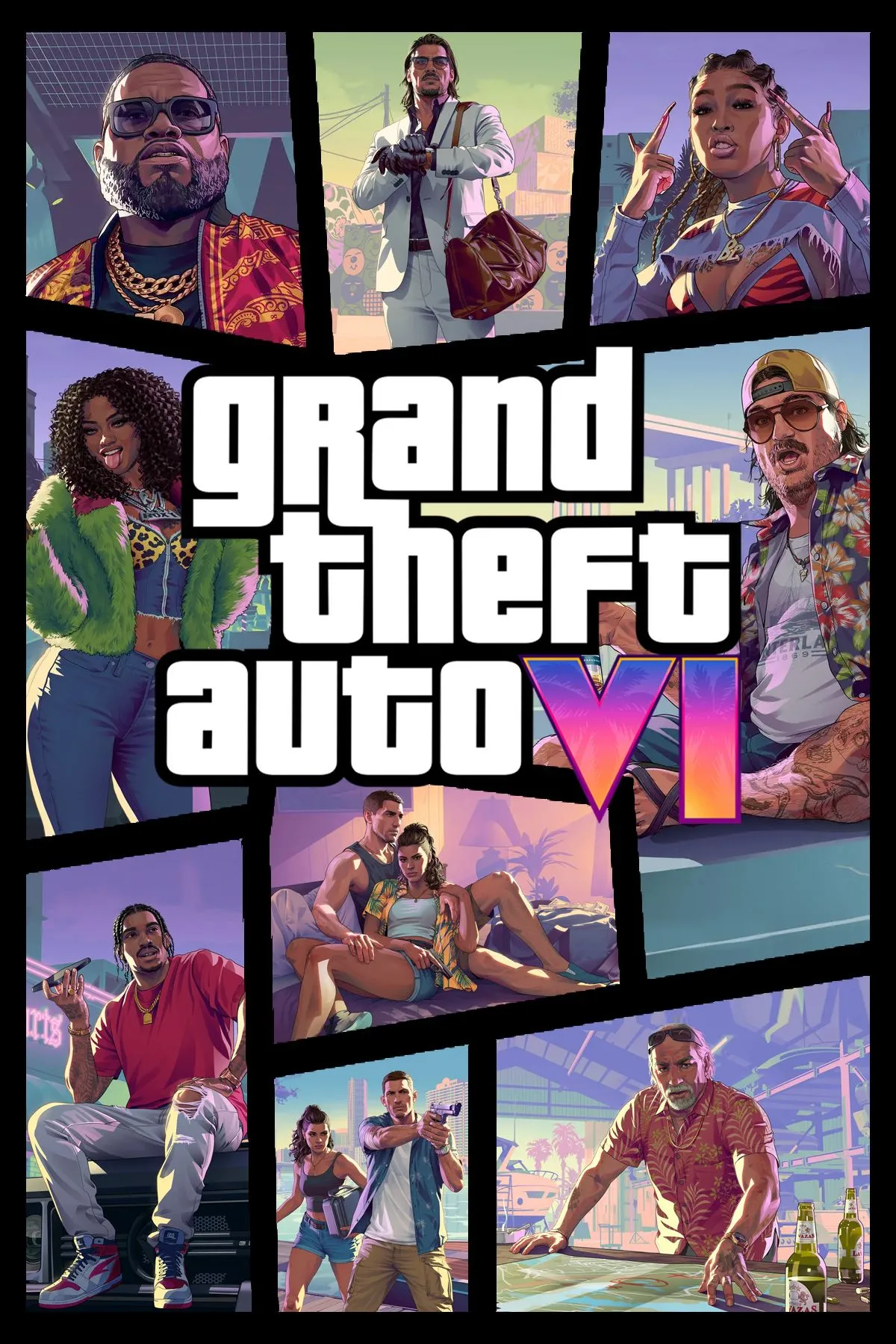 Bìa nghệ thuật game Grand Theft Auto VI (GTA 6) với hình ảnh hai nhân vật chính Lucia và Jason