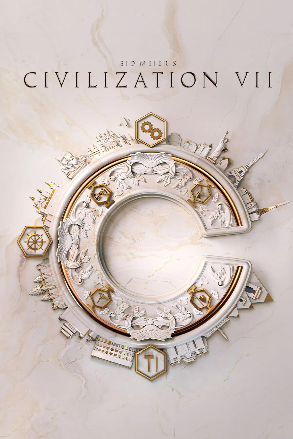 Bìa nghệ thuật game Sid Meier's Civilization VII, thể hiện bản đồ thế giới và các công trình biểu tượng của nhiều nền văn minh.