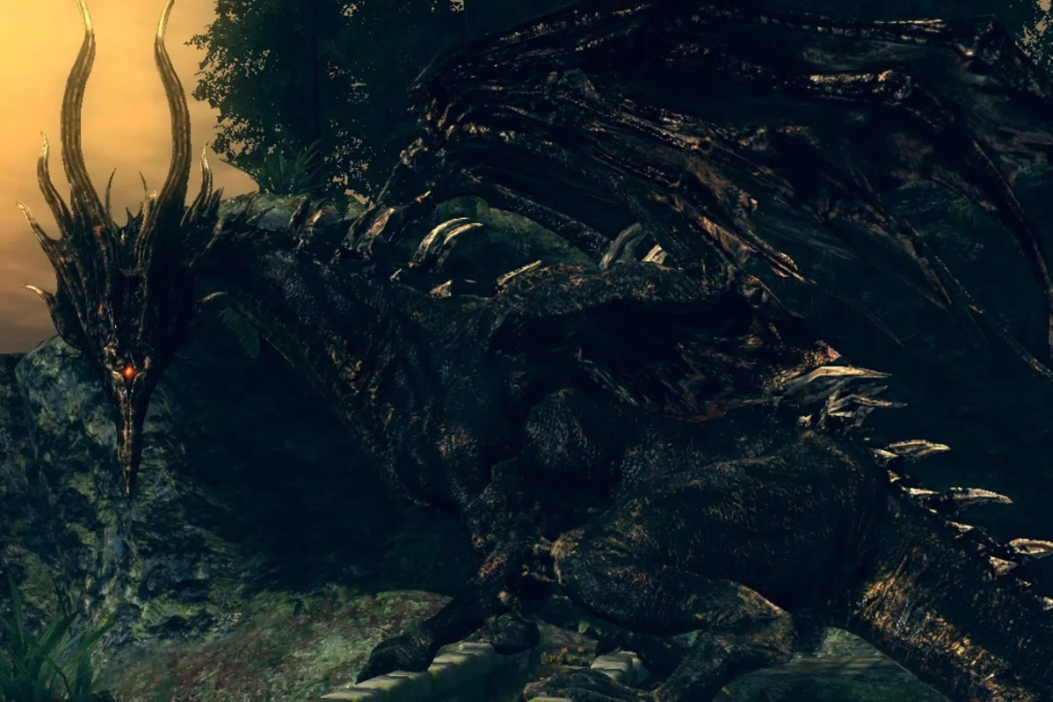 Black Dragon Kalameet hung dữ nhìn thẳng, thể hiện sức mạnh tàn bạo và ánh mắt độc ác, là nỗi khiếp sợ trong Dark Souls DLC.