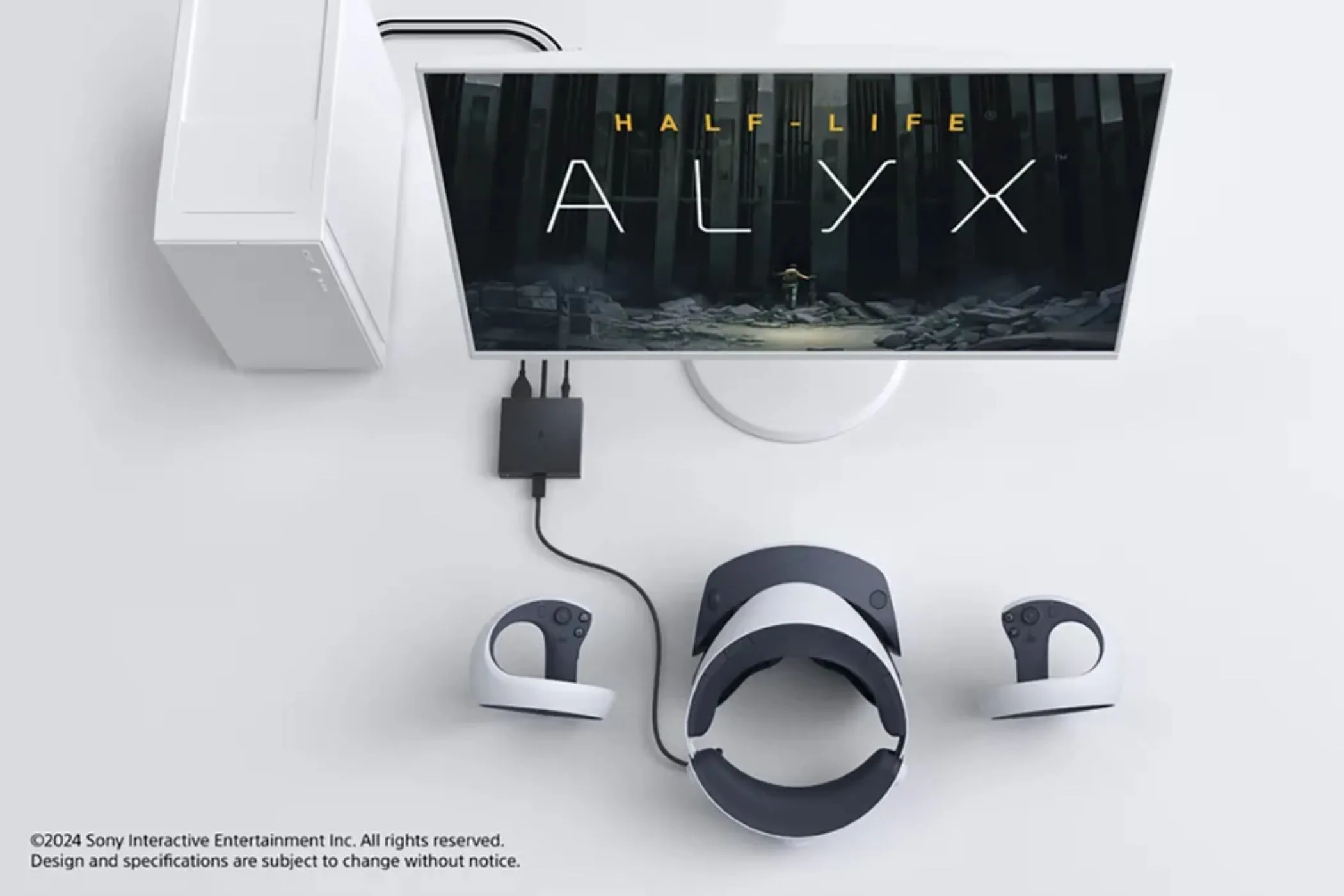 Bộ chuyển đổi PS VR2 PC đang hoạt động cùng một máy tính chơi Half-Life: Alyx, minh họa yêu cầu VR của tựa game.
