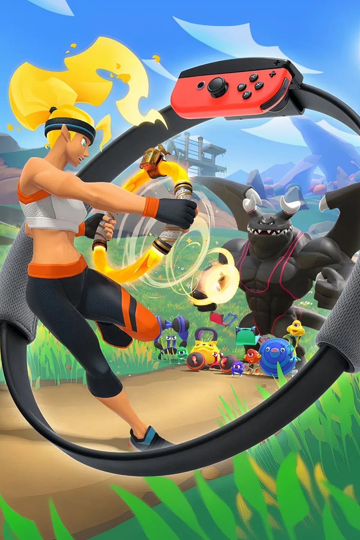 Bộ điều khiển Ring-Con và dây đeo chân của Ring Fit Adventure, sẵn sàng cho trải nghiệm tập luyện qua game.