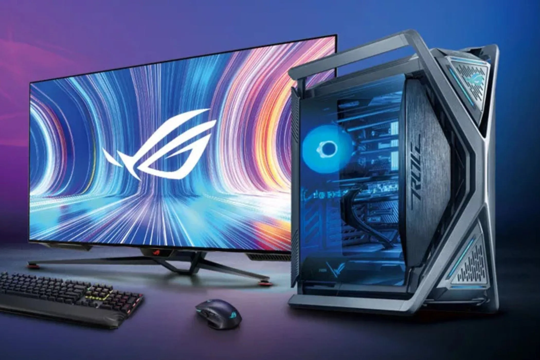 Bộ máy tính chơi game PC với màn hình lớn và bàn phím chuyên nghiệp, minh họa chi phí cao của PC gaming