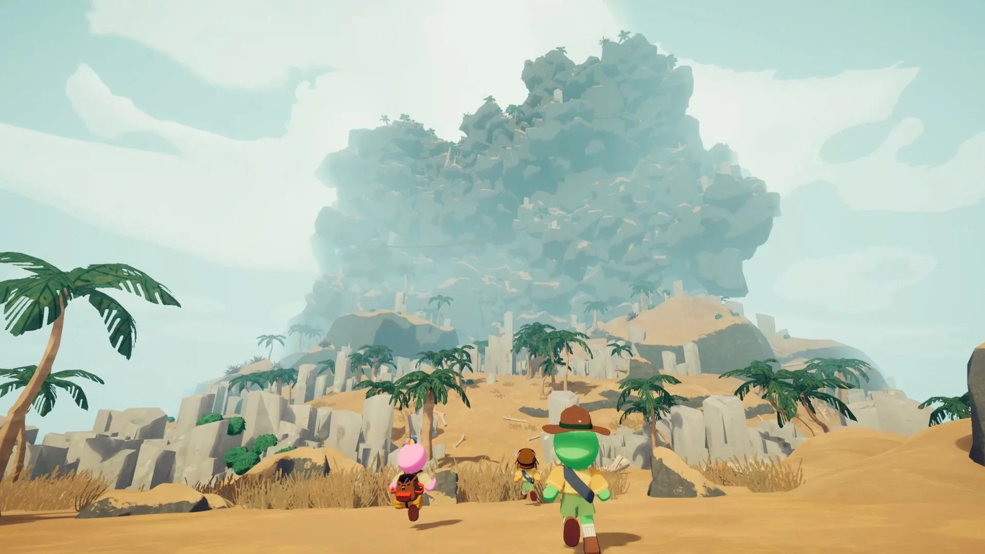 Bốn người chơi game Peak cùng nhau tiến về phía ngọn núi, thể hiện tinh thần đồng đội.
