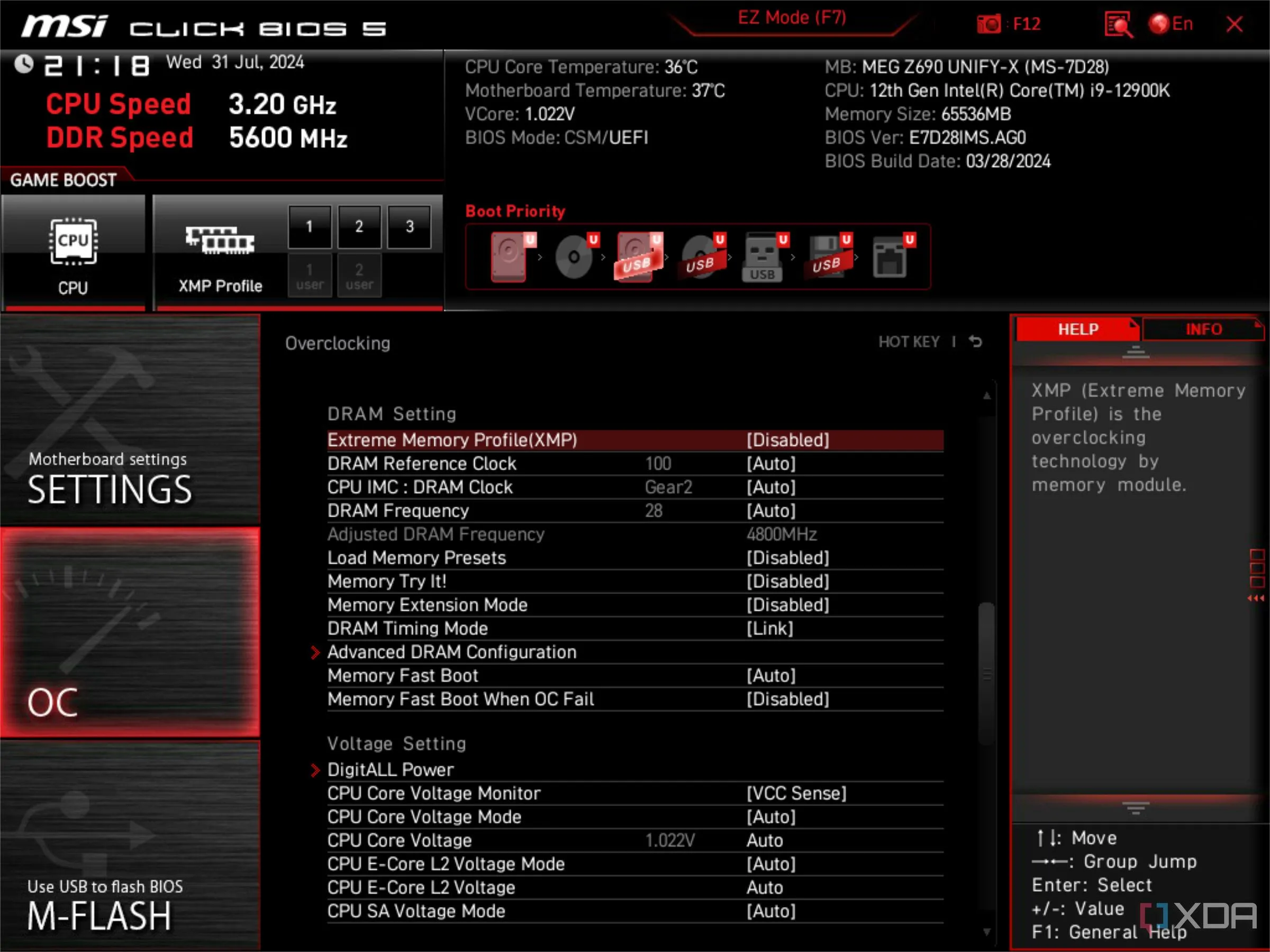 Cài đặt BIOS của MSI hiển thị XMP (Extreme Memory Profile) đang tắt