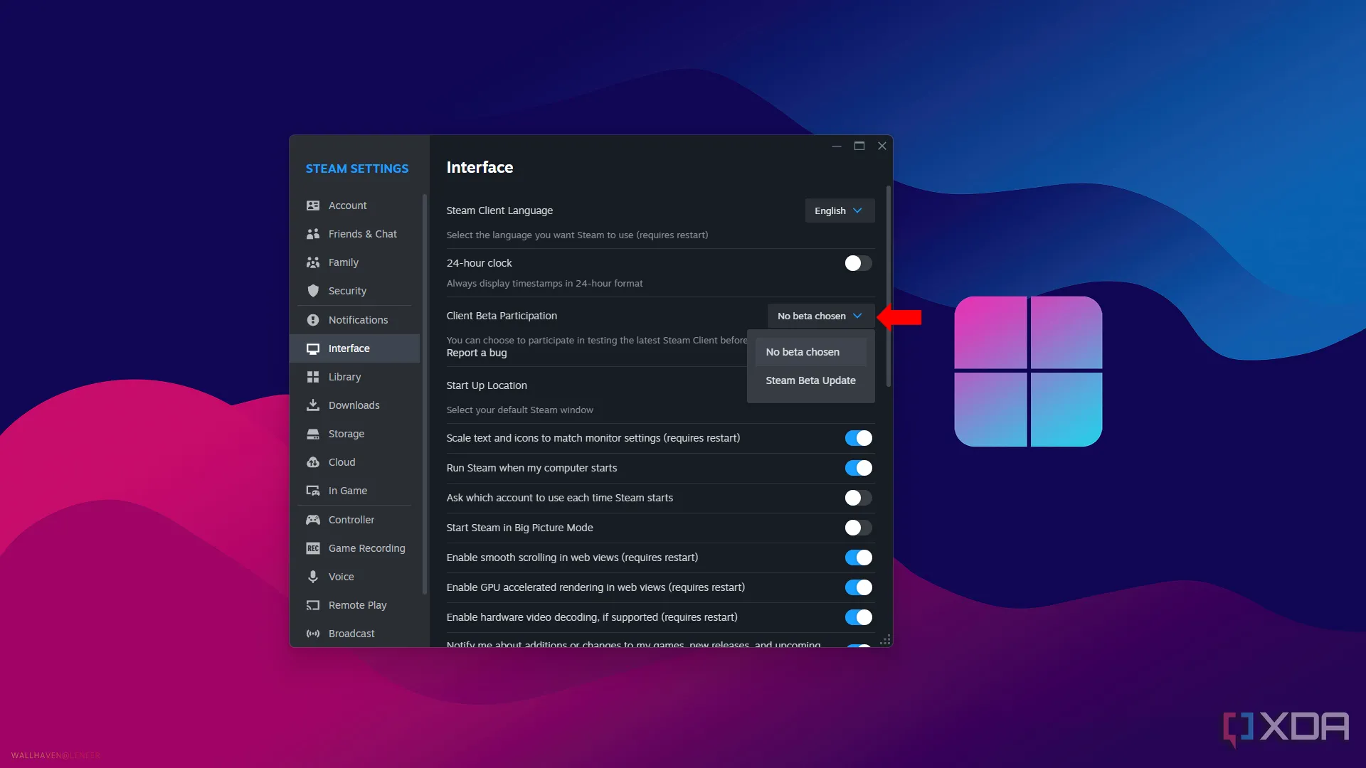 Cài đặt tham gia Steam Beta trong phần Giao diện, cho phép người dùng nhận các bản cập nhật thử nghiệm và tính năng mới nhất