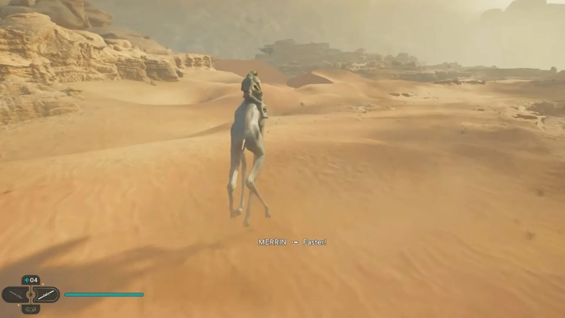 Cal Kestis cưỡi sinh vật bay giữa sa mạc Jedha trong game Star Wars Jedi: Survivor, dưới bầu trời đầy sao.
