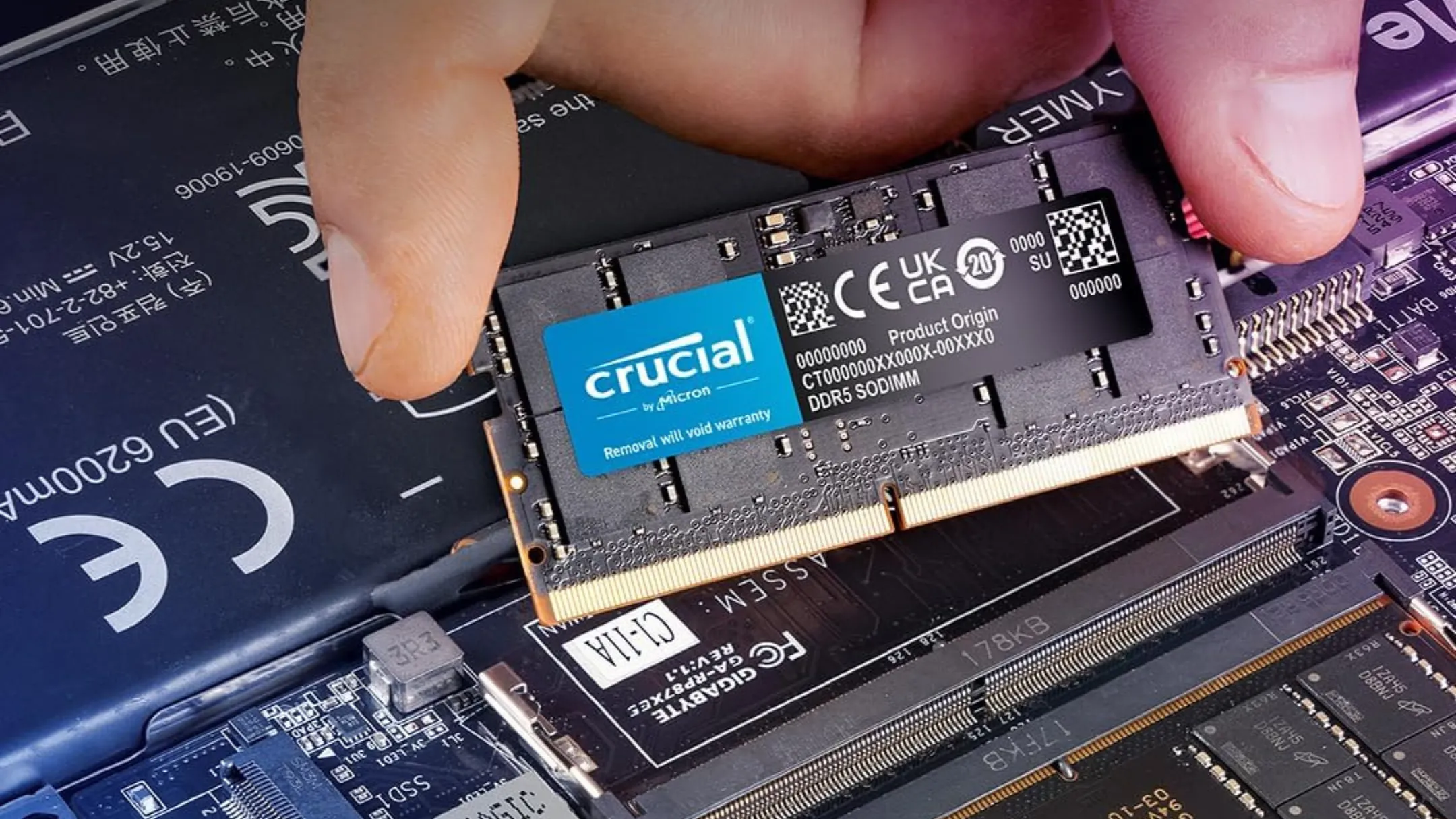 Cận cảnh bộ RAM Crucial DDR5 64GB được lắp đặt trong laptop