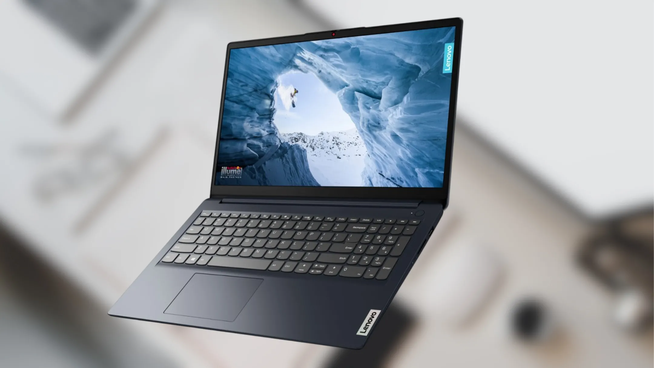 Cận cảnh laptop Lenovo IdeaPad 1 hiển thị các cổng kết nối và màn hình rộng 15.6 inch