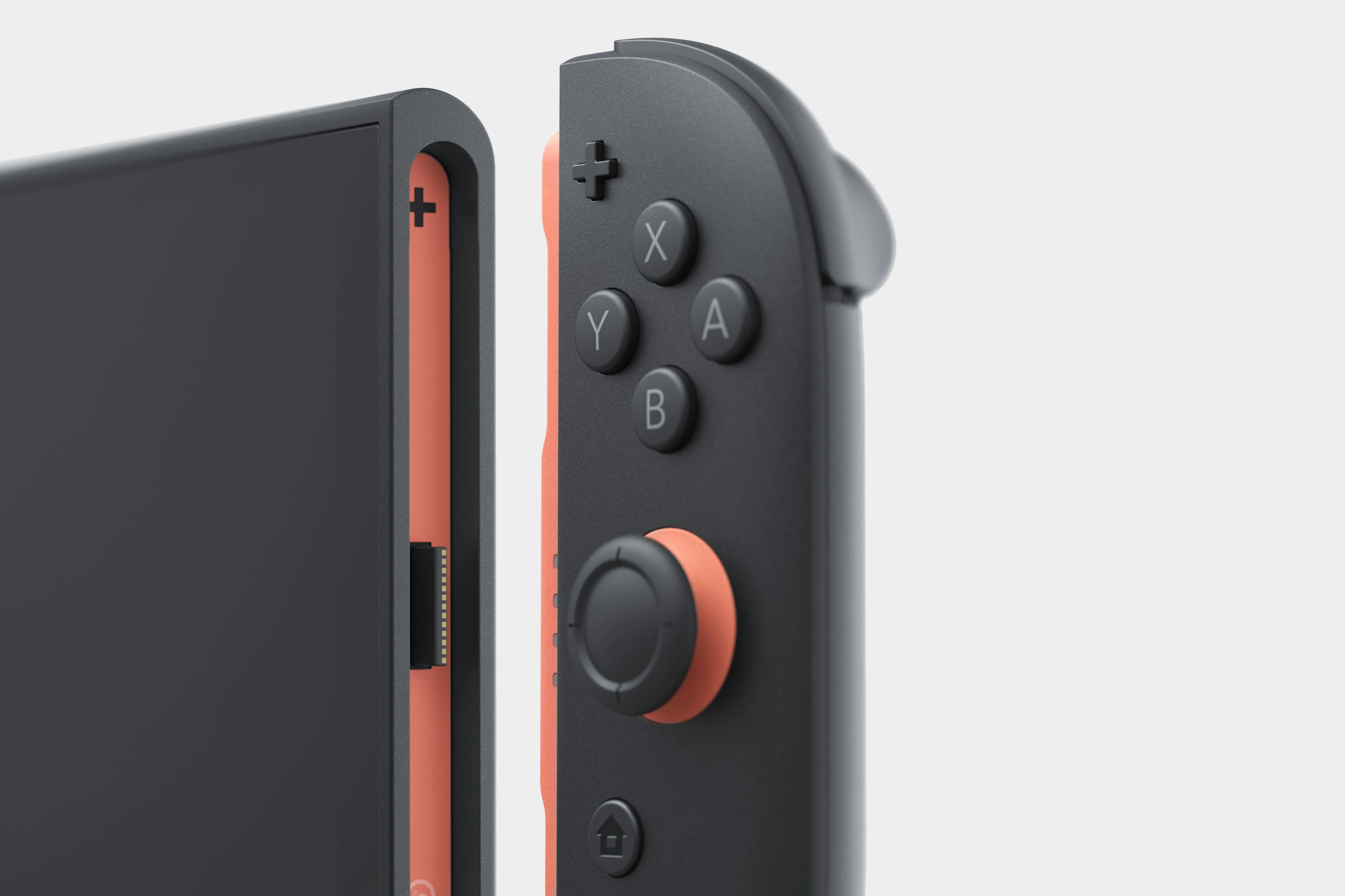 Cận cảnh tay cầm Joy-Con 2 sắp gắn vào máy Nintendo Switch 2, thể hiện cơ chế từ tính mới.