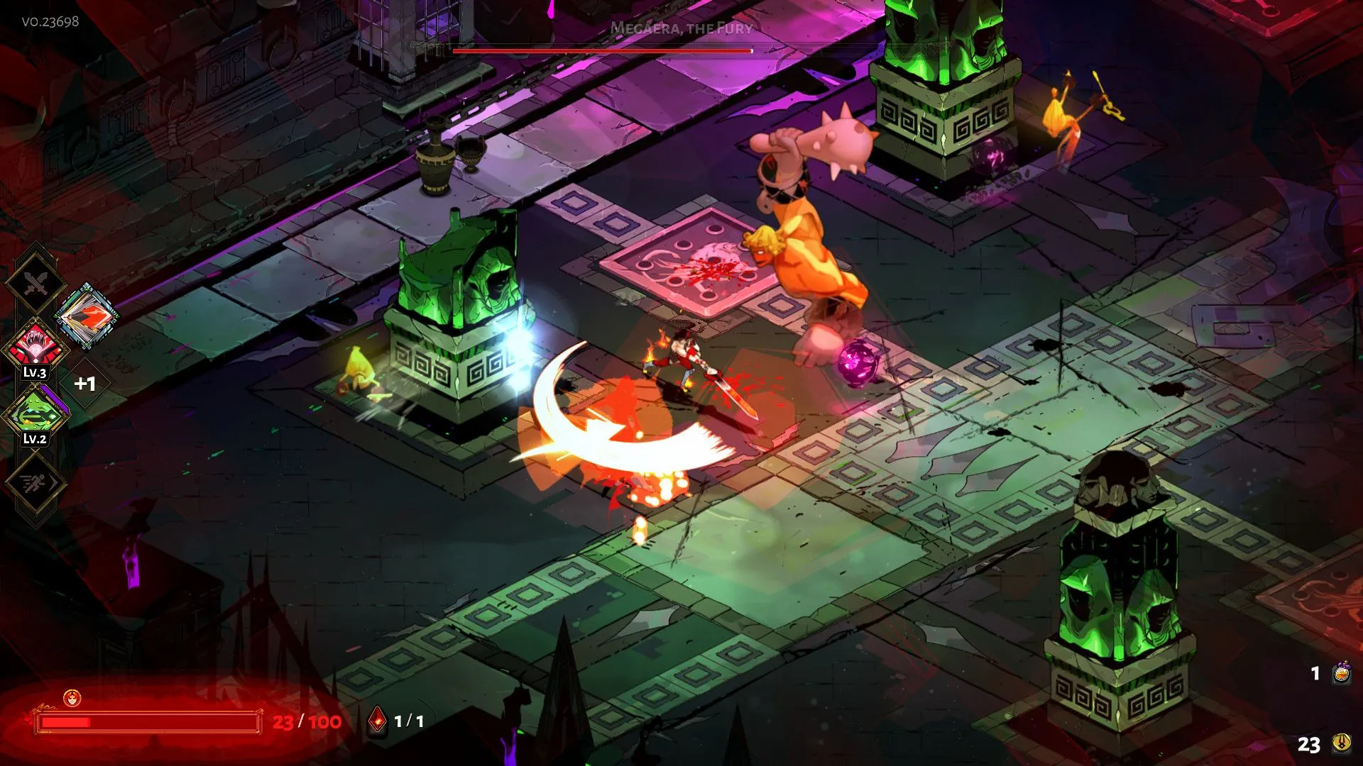Cảnh chiến đấu trong game Hades với nhân vật Zagreus sử dụng kỹ năng tấn công trong bối cảnh địa ngục