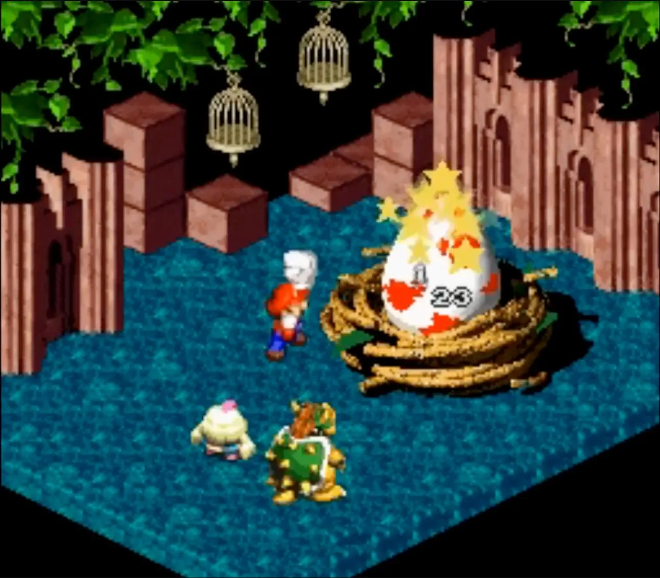 Cảnh chiến đấu trong game nhập vai Super Mario RPG trên SNES
