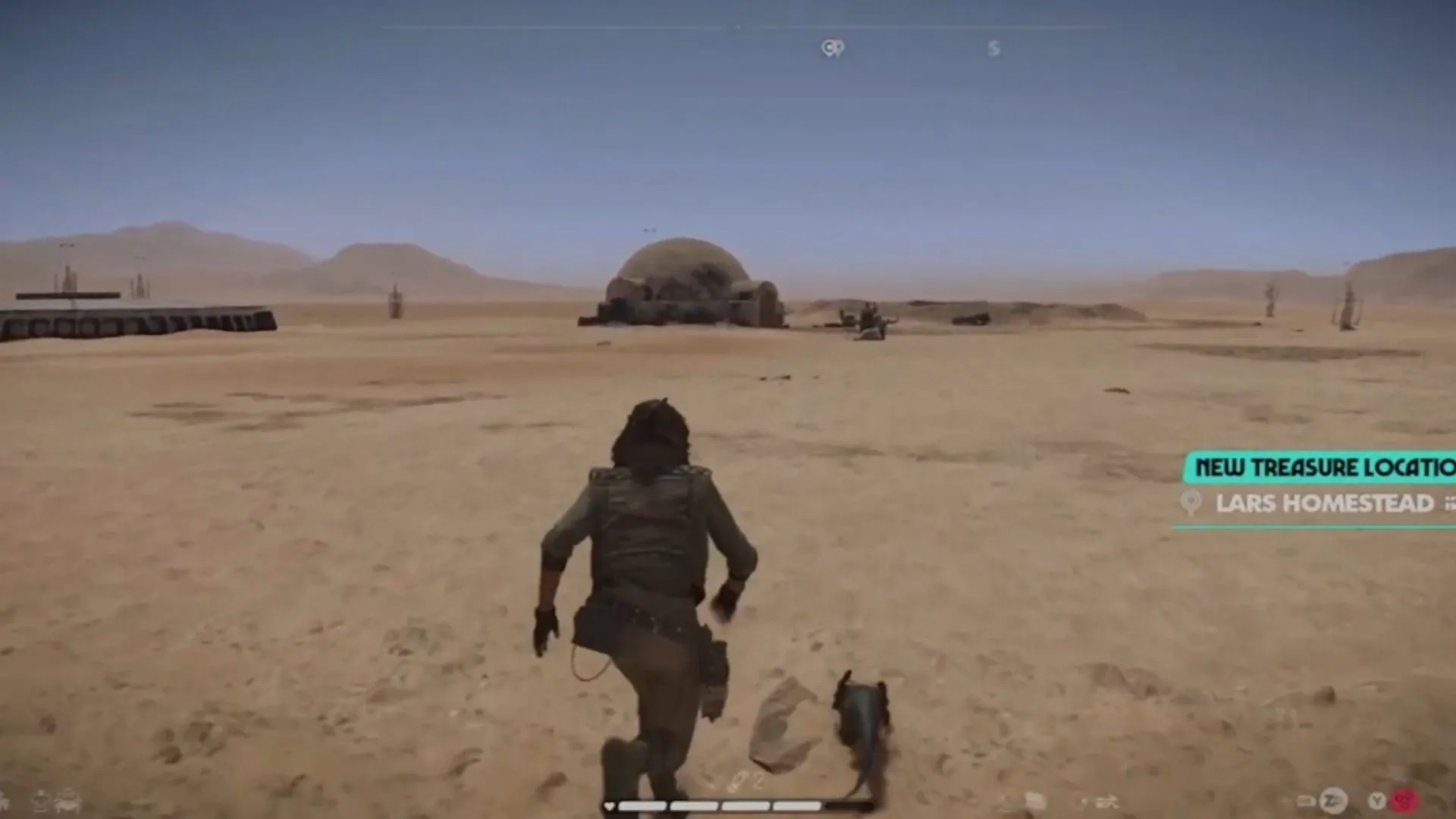 Cảnh chơi game Star Wars Outlaws tại Trang trại Lars Homestead trên hành tinh sa mạc Tatooine, với hai mặt trời đặc trưng.