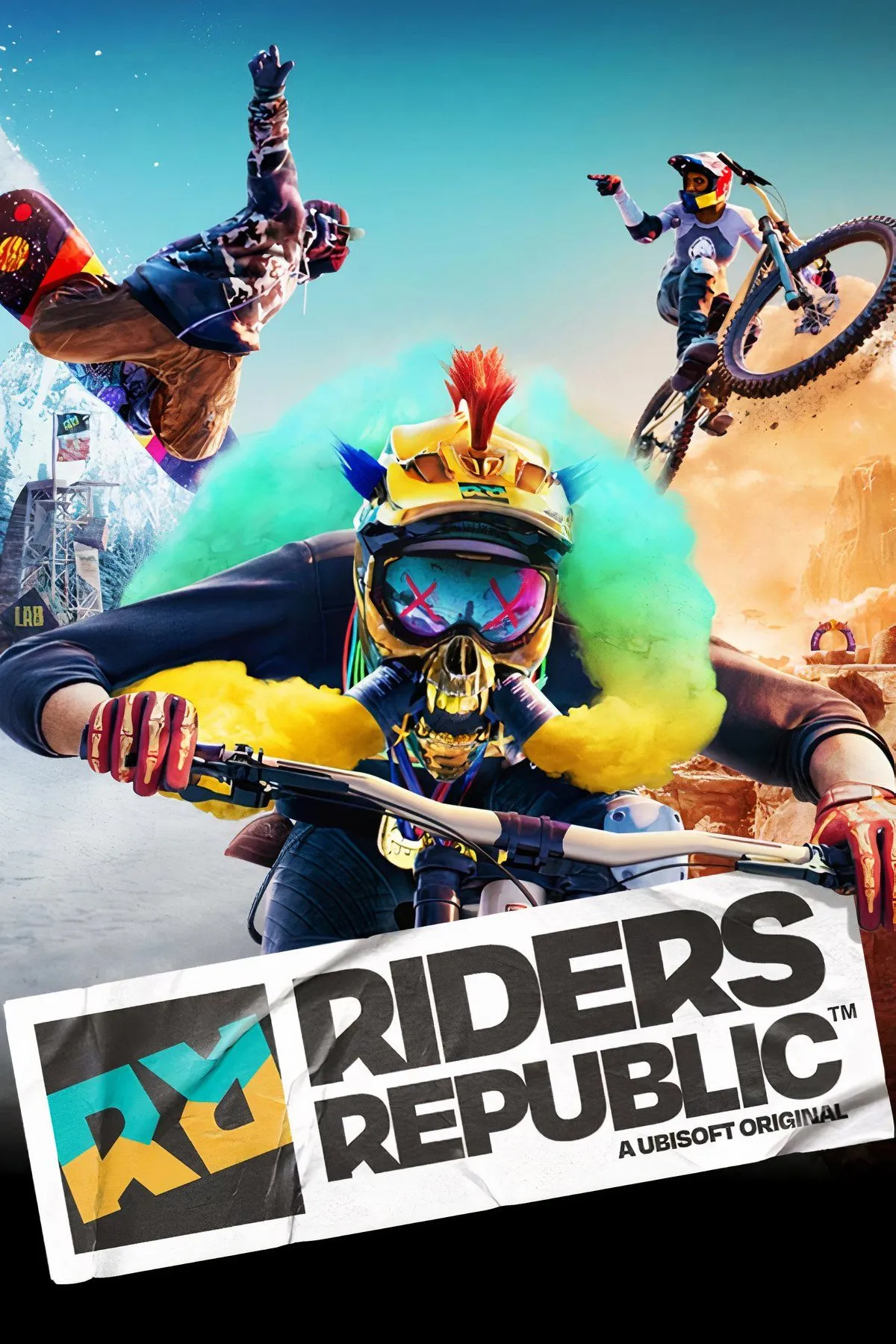 Cảnh đua xe đạp địa hình tốc độ cao trong Riders Republic, thể hiện lối chơi thể thao mạo hiểm nhiều người chơi.