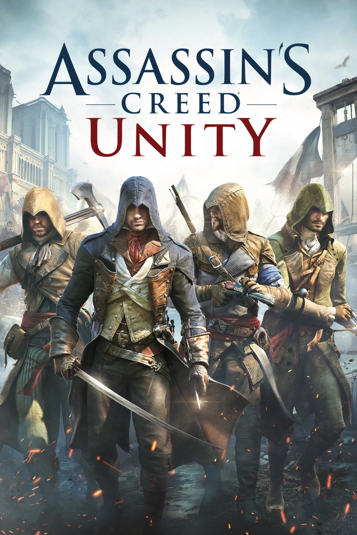 Cảnh game Assassin’s Creed Unity với nhân vật chính Arno Dorian đứng trên nóc nhà ở Paris thời cách mạng.