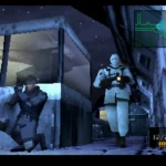 Cảnh game Metal Gear Solid năm 1998 với nhân vật Solid Snake đang ẩn nấp, thể hiện lối chơi lén lút đặc trưng của series và đồ họa PlayStation đời đầu.