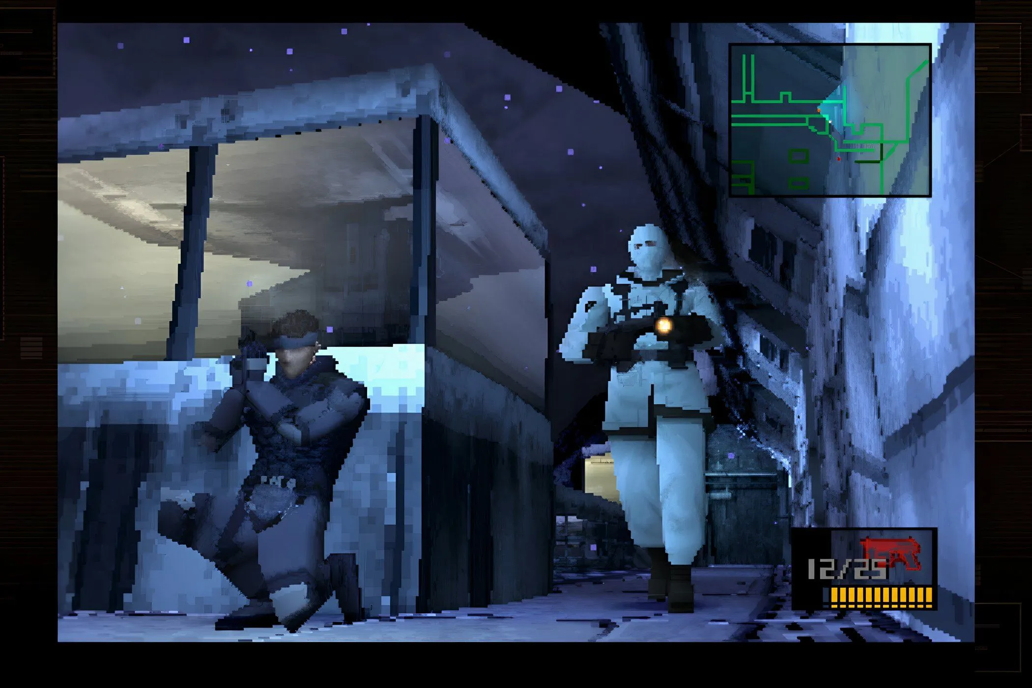 Cảnh game Metal Gear Solid năm 1998 với nhân vật Solid Snake đang ẩn nấp, thể hiện lối chơi lén lút đặc trưng của series và đồ họa PlayStation đời đầu.