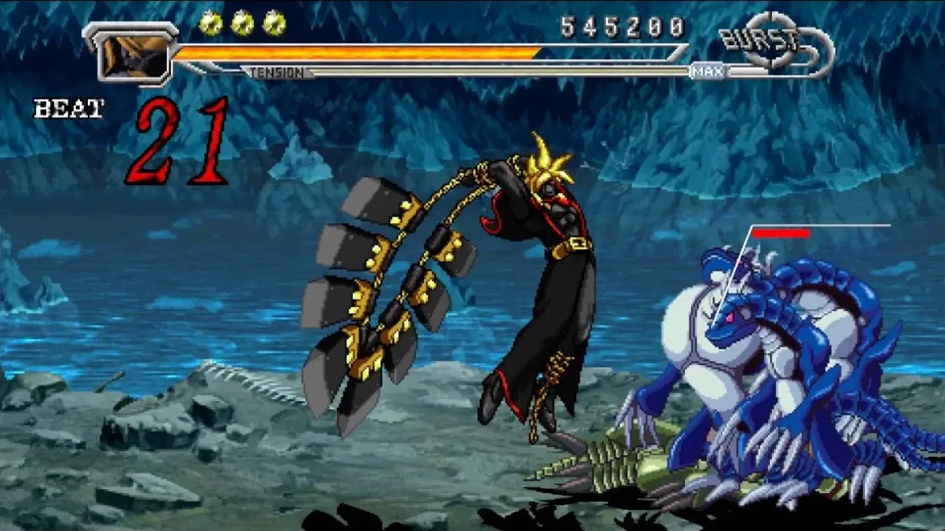Cảnh gameplay chính từ Guilty Gear Judgement, nhân vật đang chiến đấu với nhiều kẻ thù