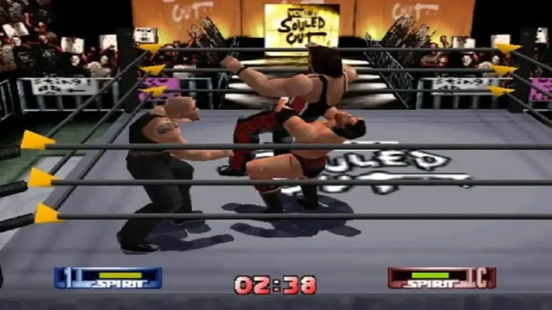 Cảnh gameplay của WCW/nWo Revenge trên Nintendo 64, thể hiện hệ thống vật lộn AKI engine
