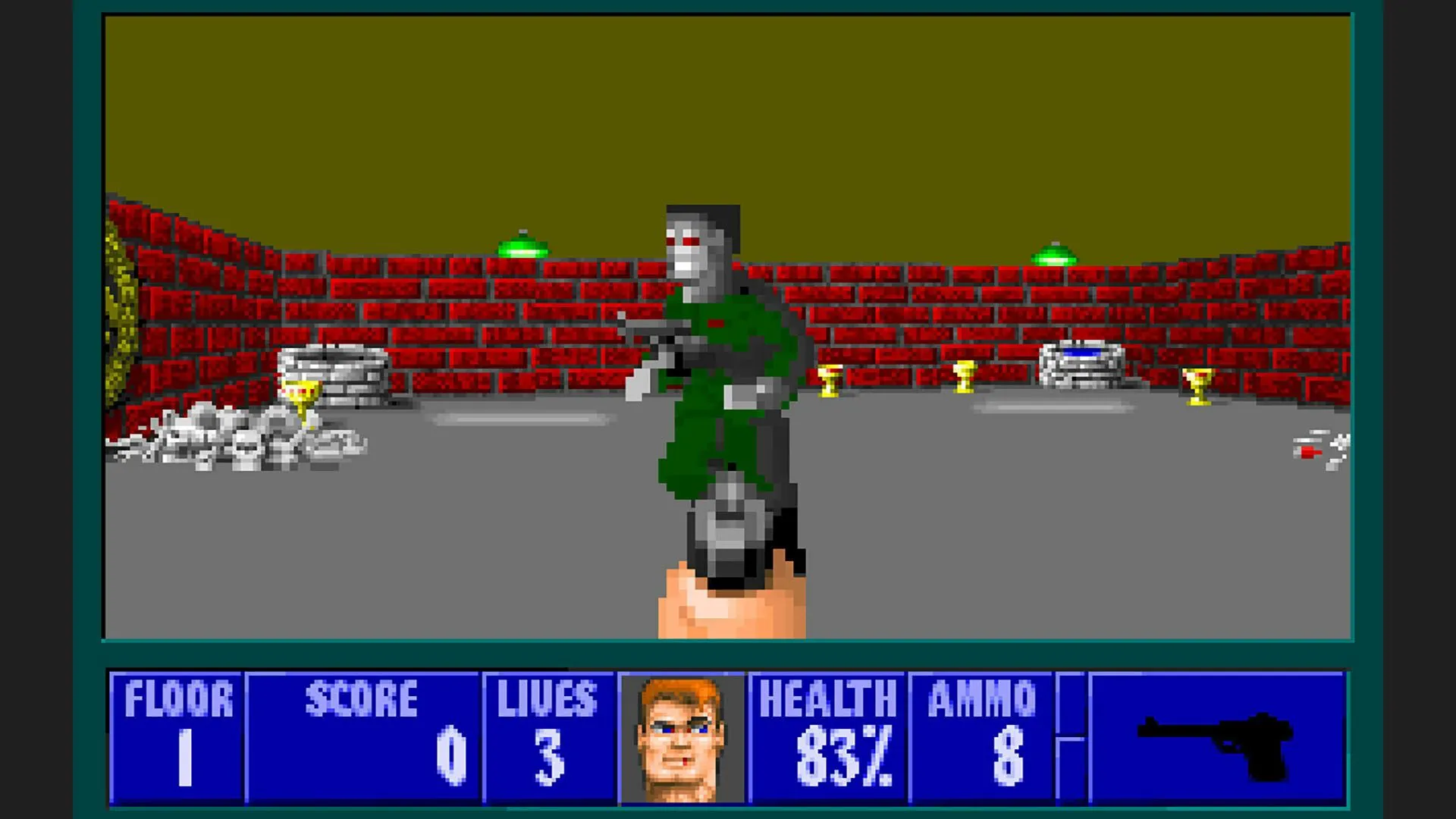 Cảnh gameplay của Wolfenstein 3D, tựa game FPS kinh điển làm nền tảng cho Super Noah's Ark 3D.