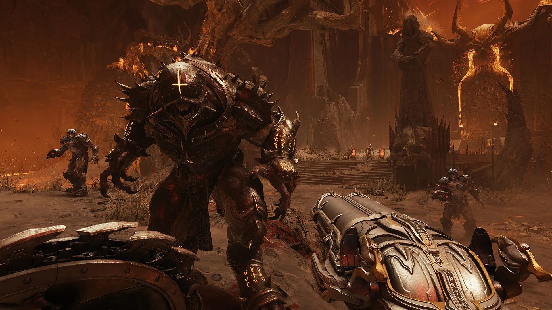 Cảnh gameplay đầu tiên của Doom: The Dark Ages với Doom Slayer đang đối đầu quỷ dữ trong môi trường u tối, nhấn mạnh đồ họa và lối chơi hành động tốc độ cao.