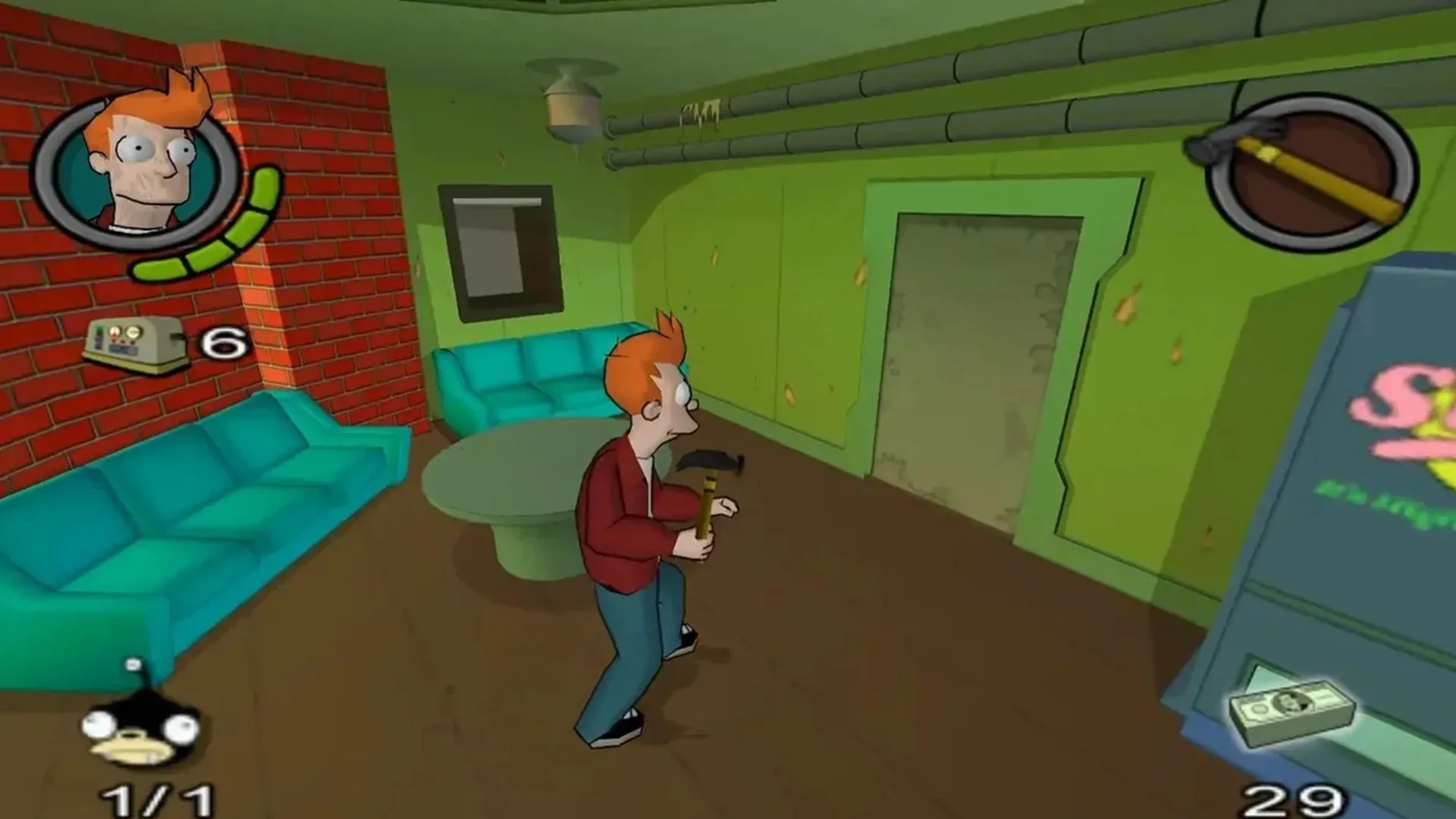 Cảnh gameplay hài hước từ tựa game Futurama trên Xbox