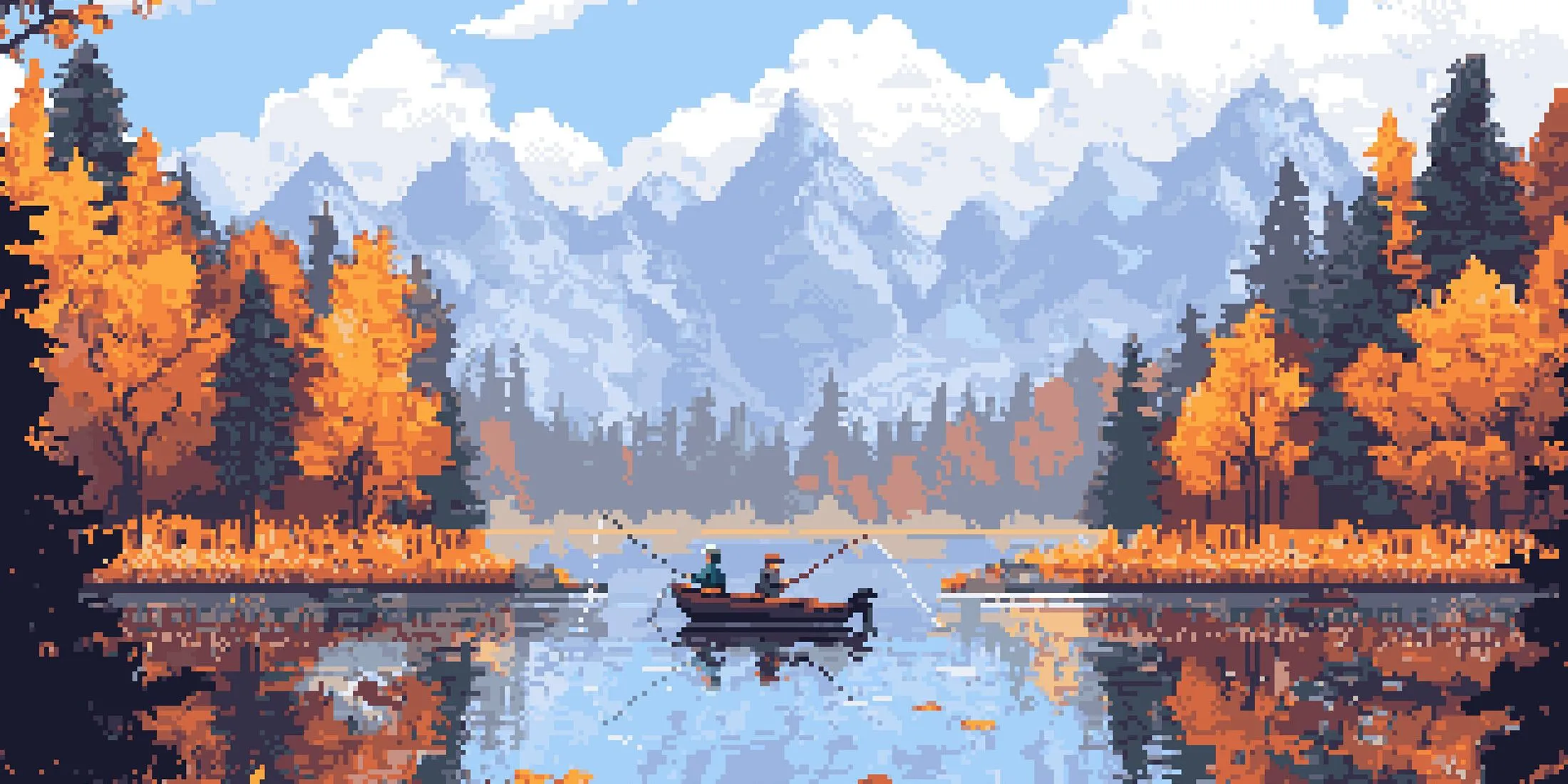 Cảnh hai người chơi thư giãn câu cá trong game Cast n Chill với đồ họa pixel nhẹ nhàng.