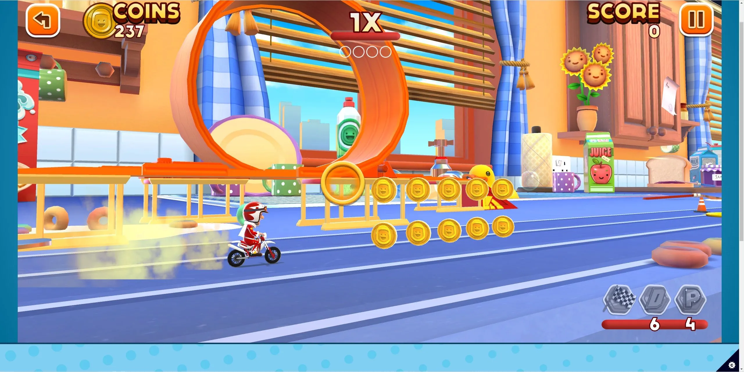 Cảnh Joe Danger Infinity đang được chơi trên trình duyệt web, với nhân vật cascadeur trên xe máy