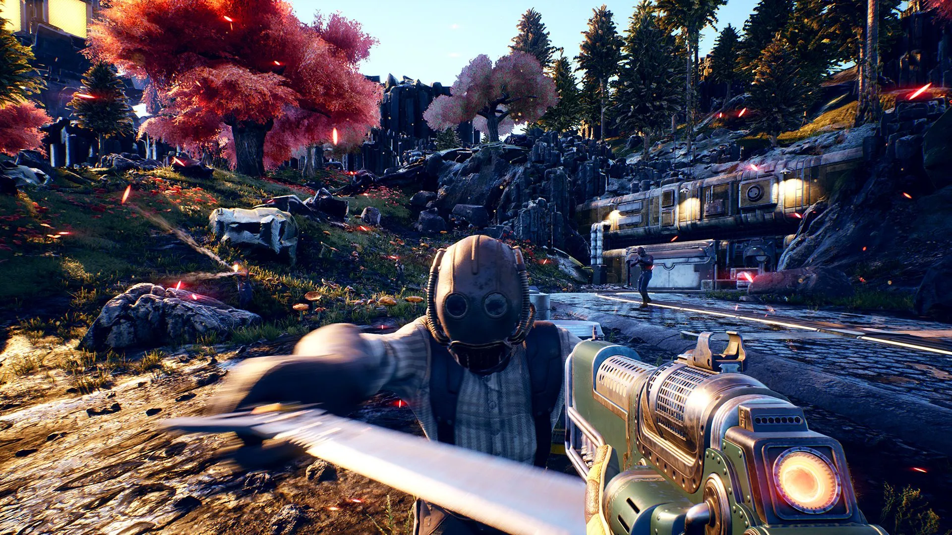 Cảnh người chơi tấn công NPC trong The Outer Worlds, minh họa khả năng tương tác tự do và gây ảnh hưởng đến môi trường game nhập vai.